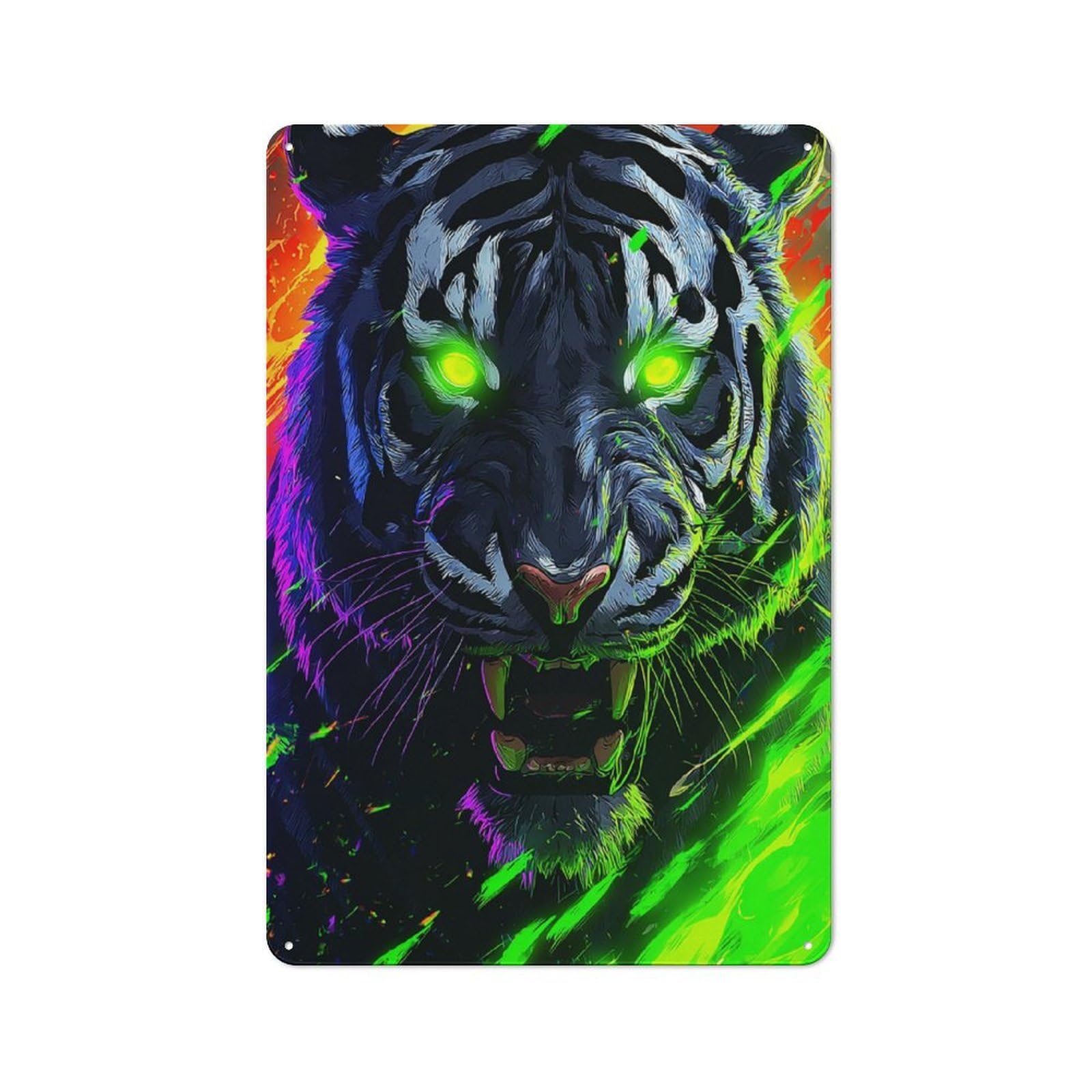 Junmoney Neon Tiger Fiery Eyes Smart Metal Wall Decor 30X20cm, Office Metal Sign For Office, Study, Studio Or Hallway