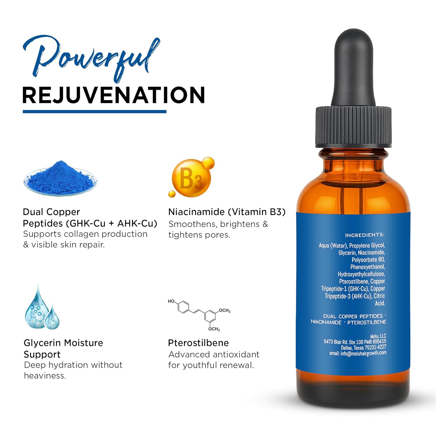 Molu Ultimate Peptide Collagen Renewal Serum - Transform aging skin, even tone, and improve appearance of lines and pores - with Copper Peptides, Niacinamide, and Pterostilbene - 1 oz.