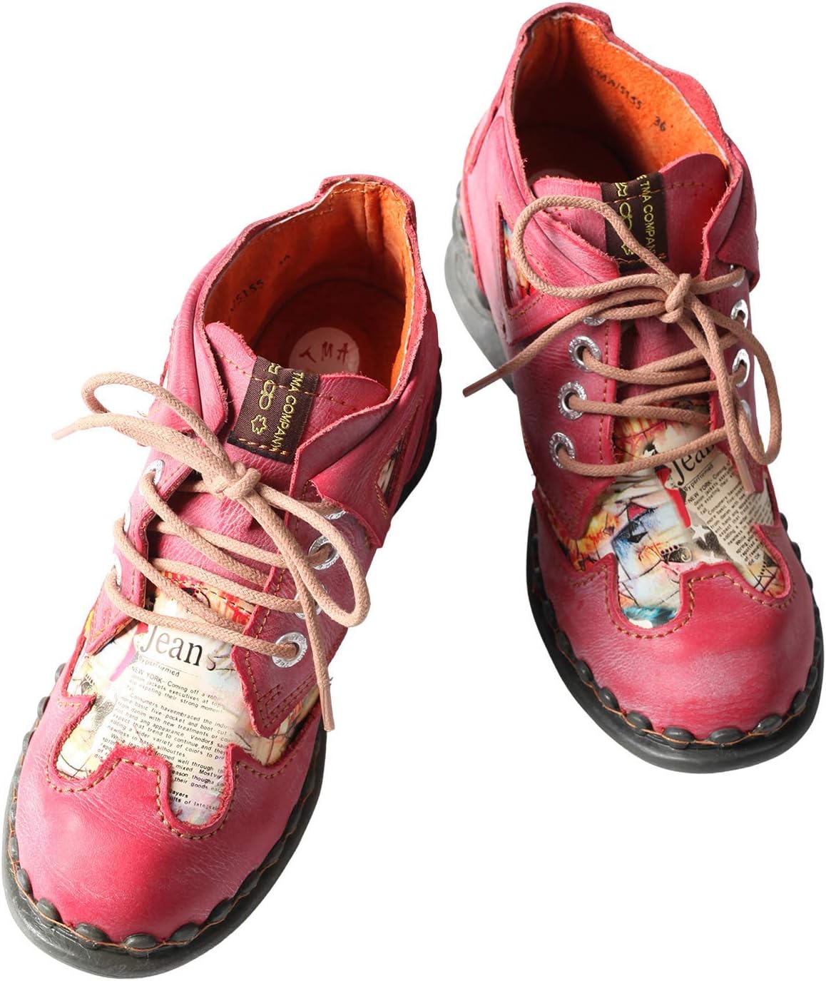 TMA EYES Leather Women's Ankle Boots Shoes for Outdoor,Medium heel, Floral Newspaper Printed Leather Material