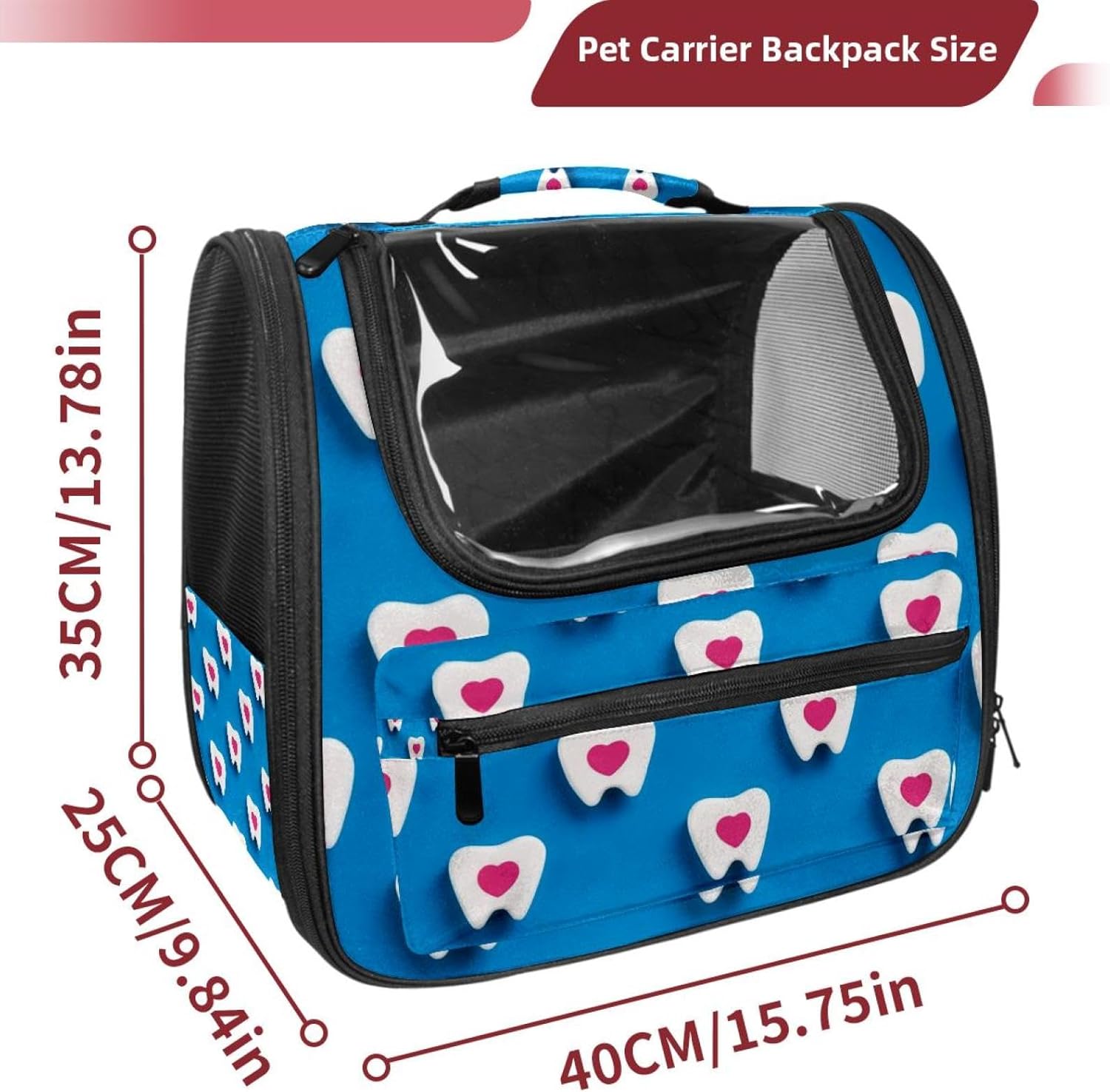 Portable Travel pet Backpack Carrier Hamster Bag Small Dog cat Carrier Breathable Hang Bag, Cartoon Teeth and Hearts