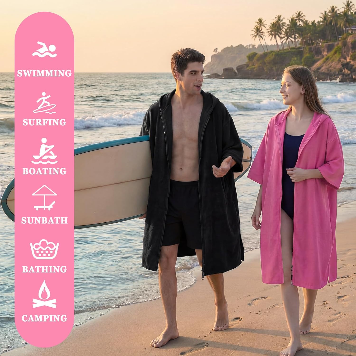 Didaey Surf Poncho with Zipper Changing Robe Hood Towel Hoodie Zippered Towel Poncho Oversized Quick Dry with Pocket Matching Storage Bag Wearable for Beach Surfing Men Women One Size(Pink)