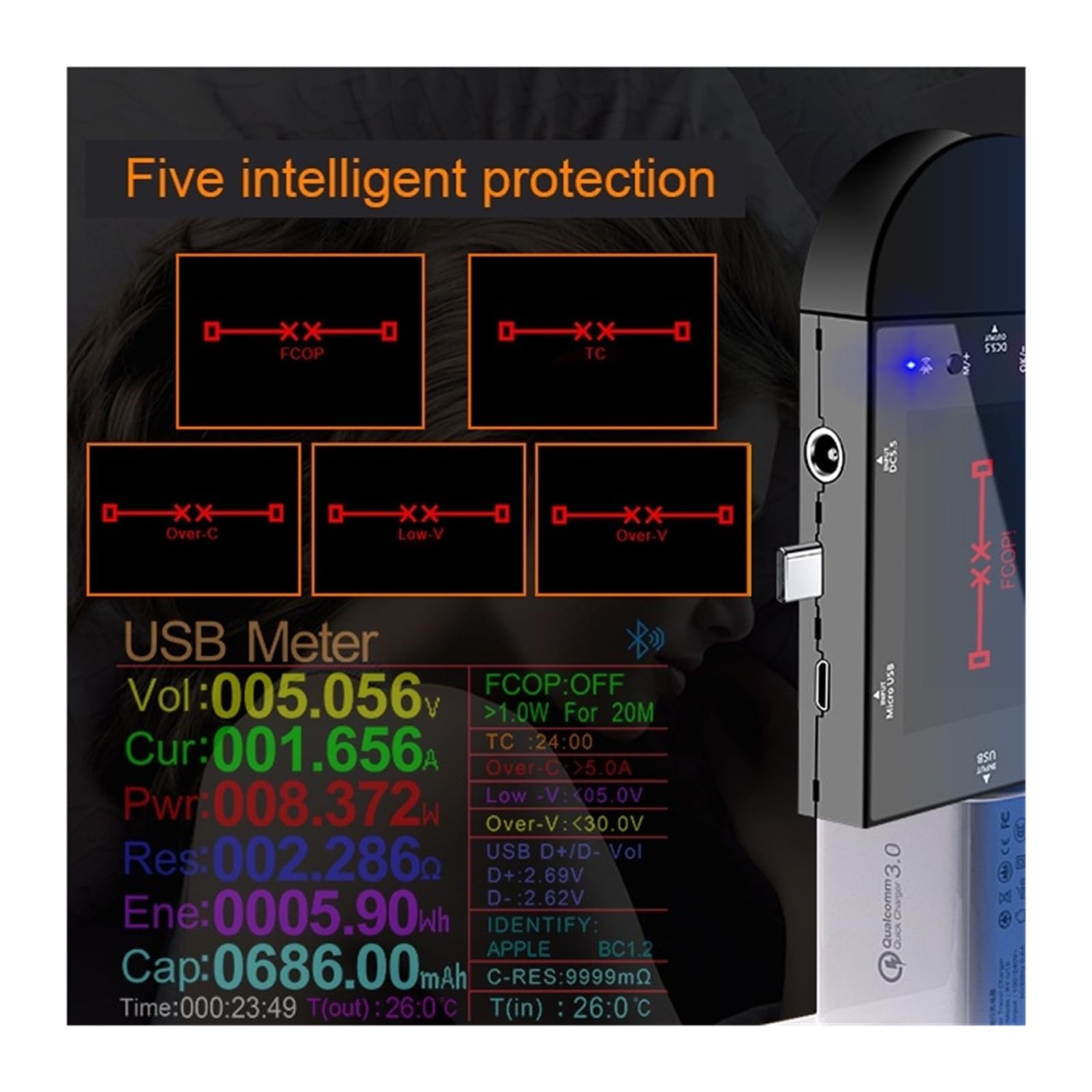 2.4 calowy Tester USB DC5.5 Type-C woltomierz cyfrowy amperomierz Power Bank detektor napięcia dla ładowarek kabel Power Bank Szeroka kompatybilność(UD24 add 18pcs)