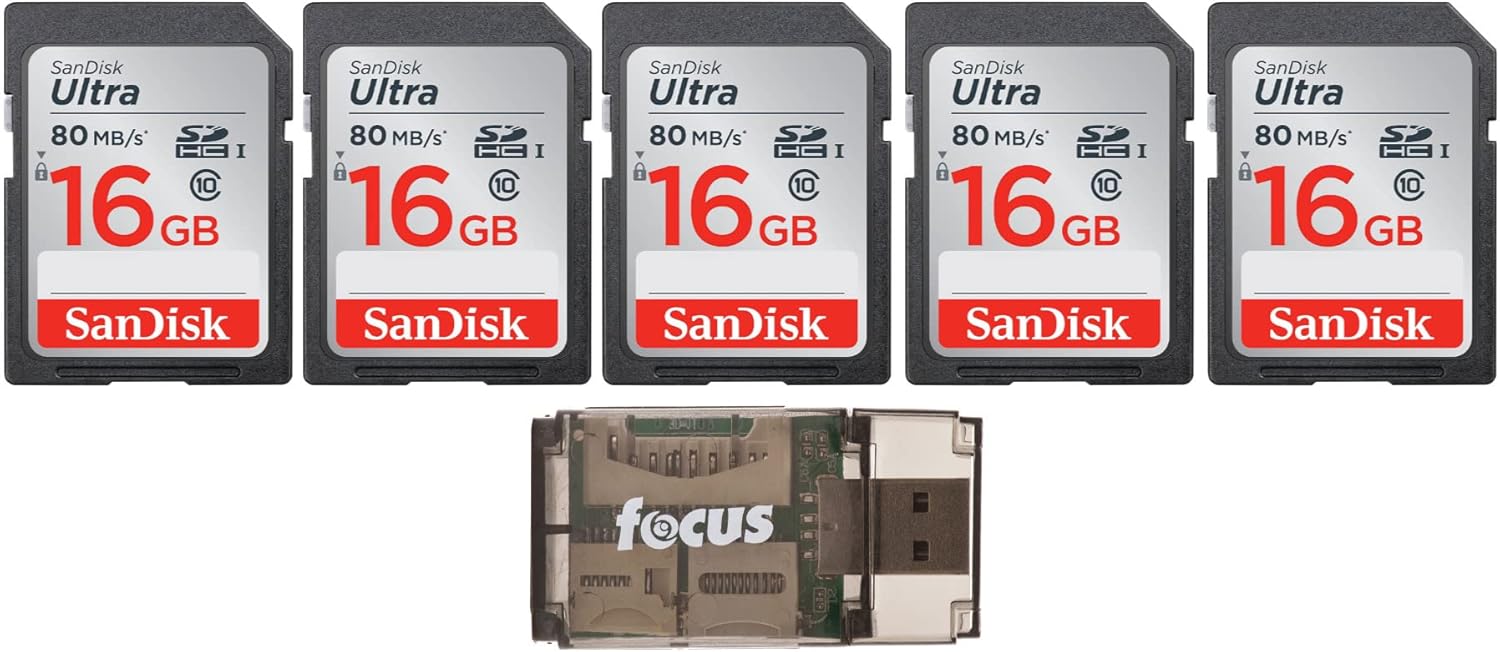 SanDisk Ultra 16GB Class SD Memory Card (5-Pack) with Focus All-in-One High Speed USB Card Reader Bundle (6 Items)