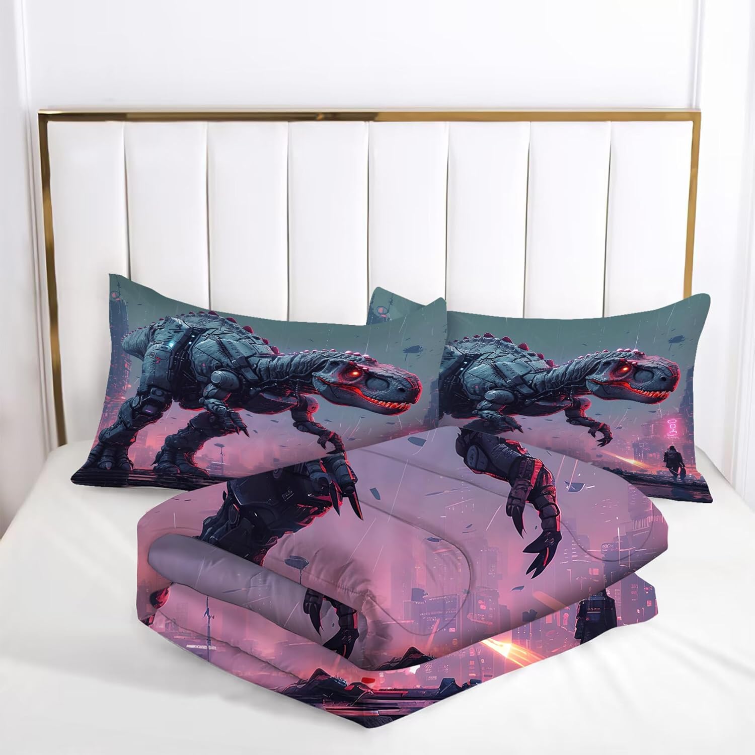 Kids Dinosaur Comforter Set Twin Size Dino Bedding Set for Kids Teens 3D Printed Neon Dino Comforter Sets 2 Pcs Soft Microfiber Boys Bedroom Decor