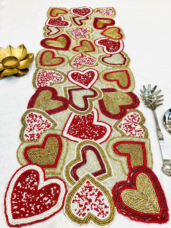Image of MFU- Made for You Beautiful Beaded Table Runner Craftsmanship |Pack of 1 Measure 13 * 36 Inches| Thanksgiving - Occasional Decoration / Red Hearts