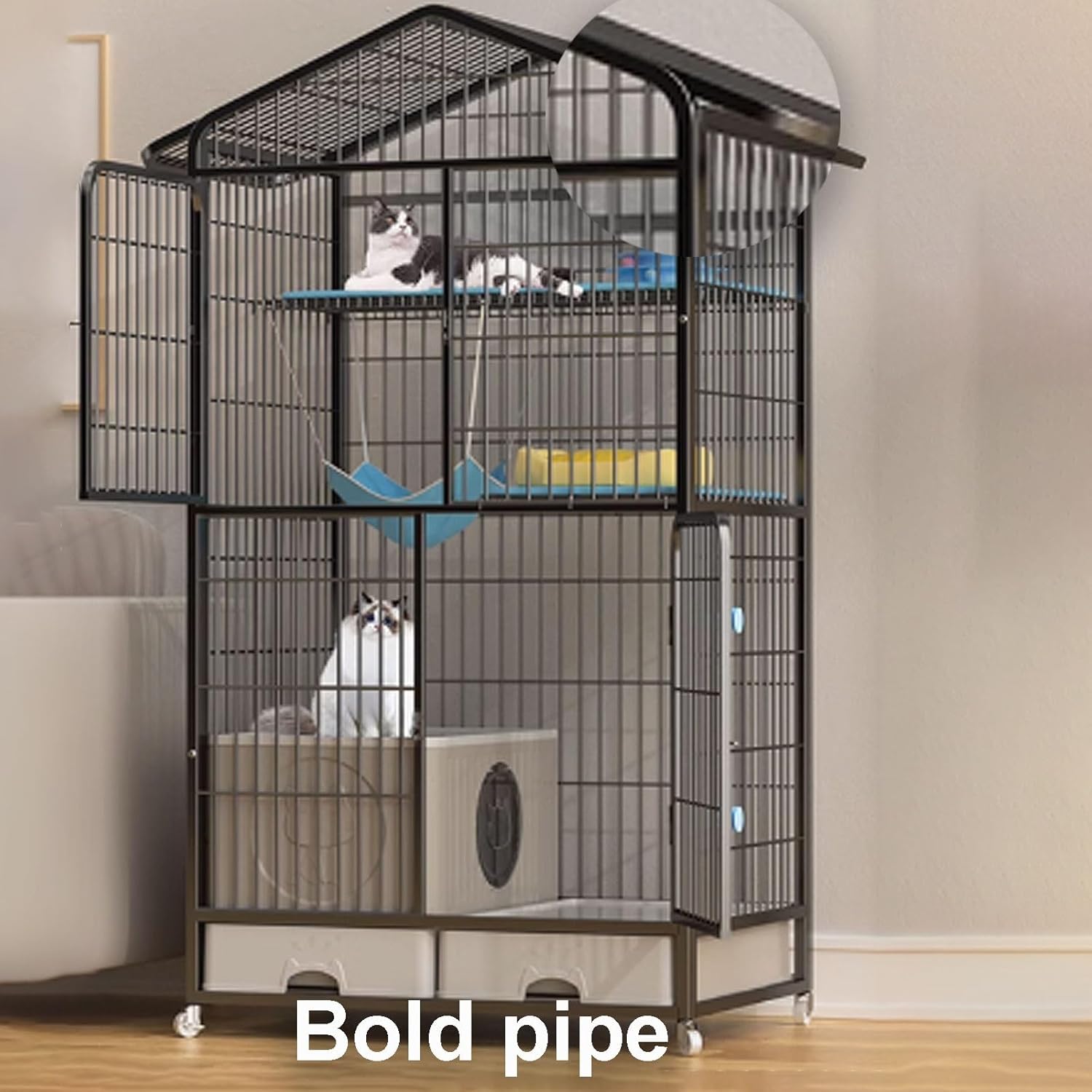 Cat Cage, Cat House, Cat Playpen with Top Cover, Catio Indoor Cat Enclosure with Litter Box with Anti-Collision Lock Easy to Move for Small Animals(Black,83x59x160cm)