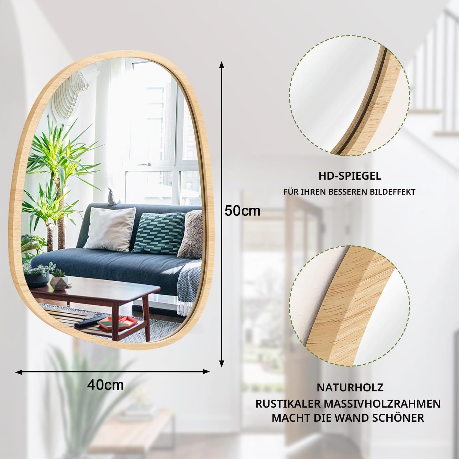 Unregelmäßiger hölzerner Wandspiegel Ovaler Rahmen Asymmetrischer Spiegel für Wand Eitelkeit Schlafzimmer Badezimmer Wohnzimmer Flur Modern Einzigartig Dekorativ Kunstvoll Hängender Spiegel