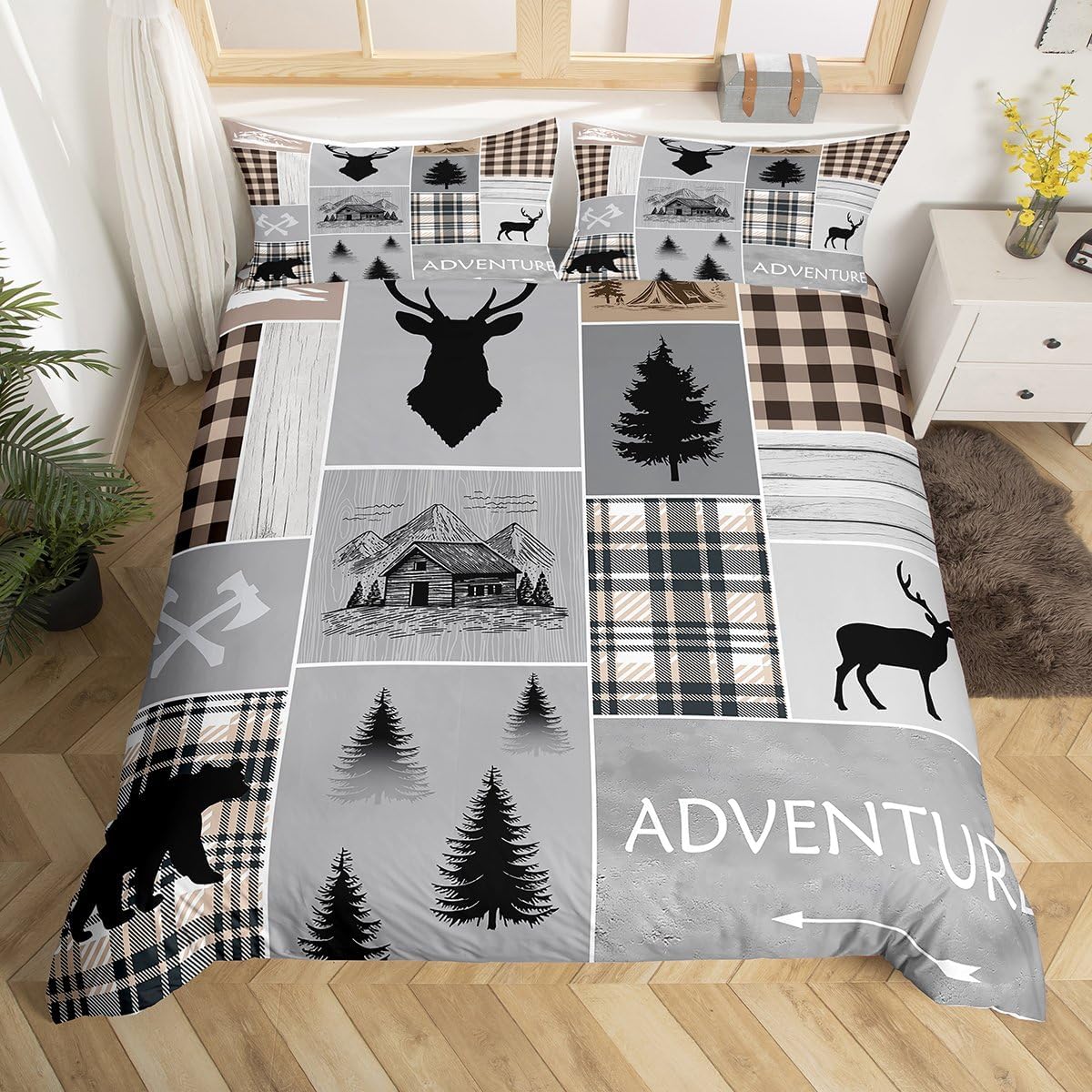 Erosebridal Rustic Patchwork Duvet Cover Queen Retro Cabin Decor Bedding Set for Kids Boys Teens Adult, Woodland Bear Deer Comforter Cover Vintage Wild Animal Cowboy Quilt Cover Farmhouse Decorations