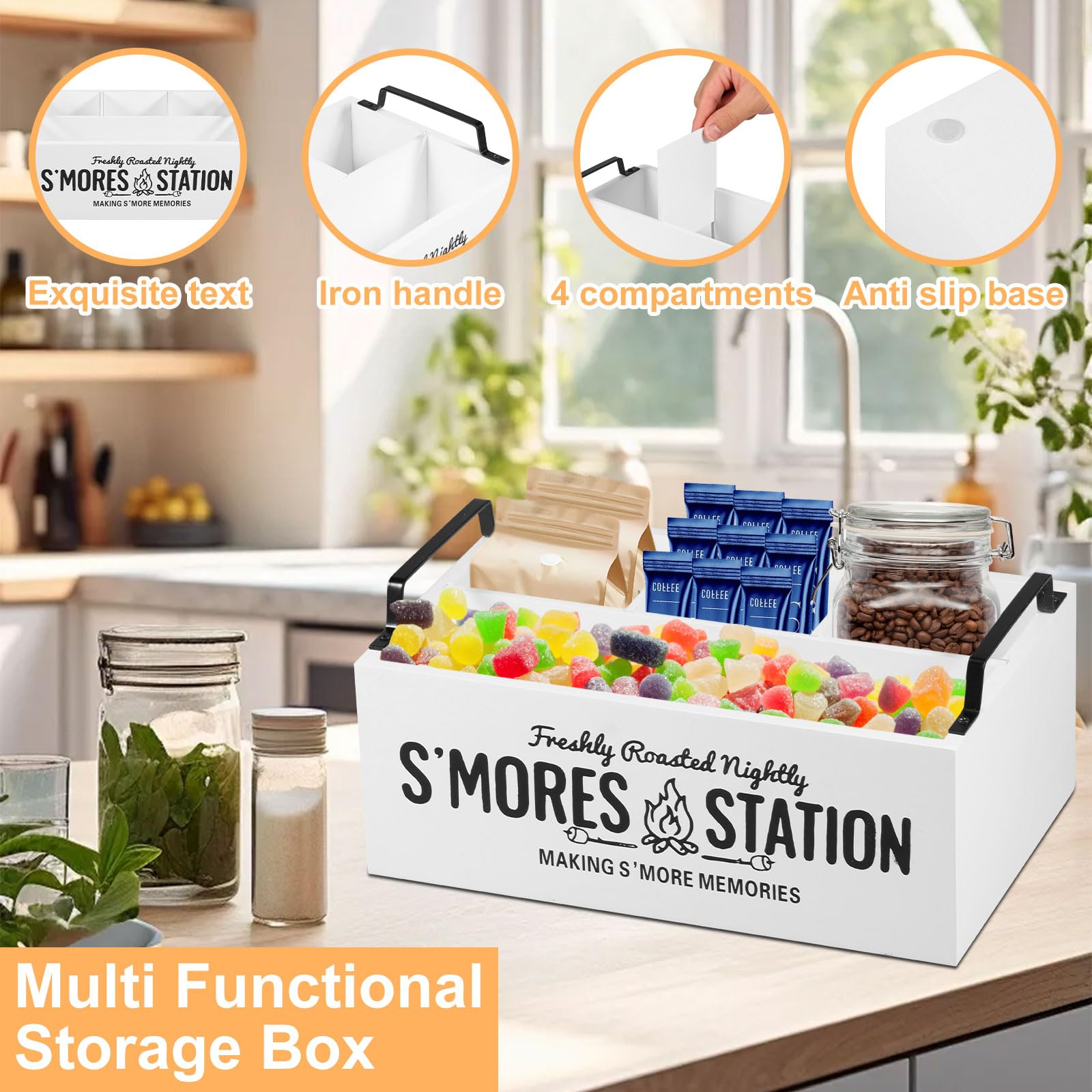 Somre's Station - Organizer per stazione di caffè in legno, con manici e 4 scomparti, 29 x 18,5 x 11 cm, contenitore rustico per accessori da tè, decorazione bar (bianco)