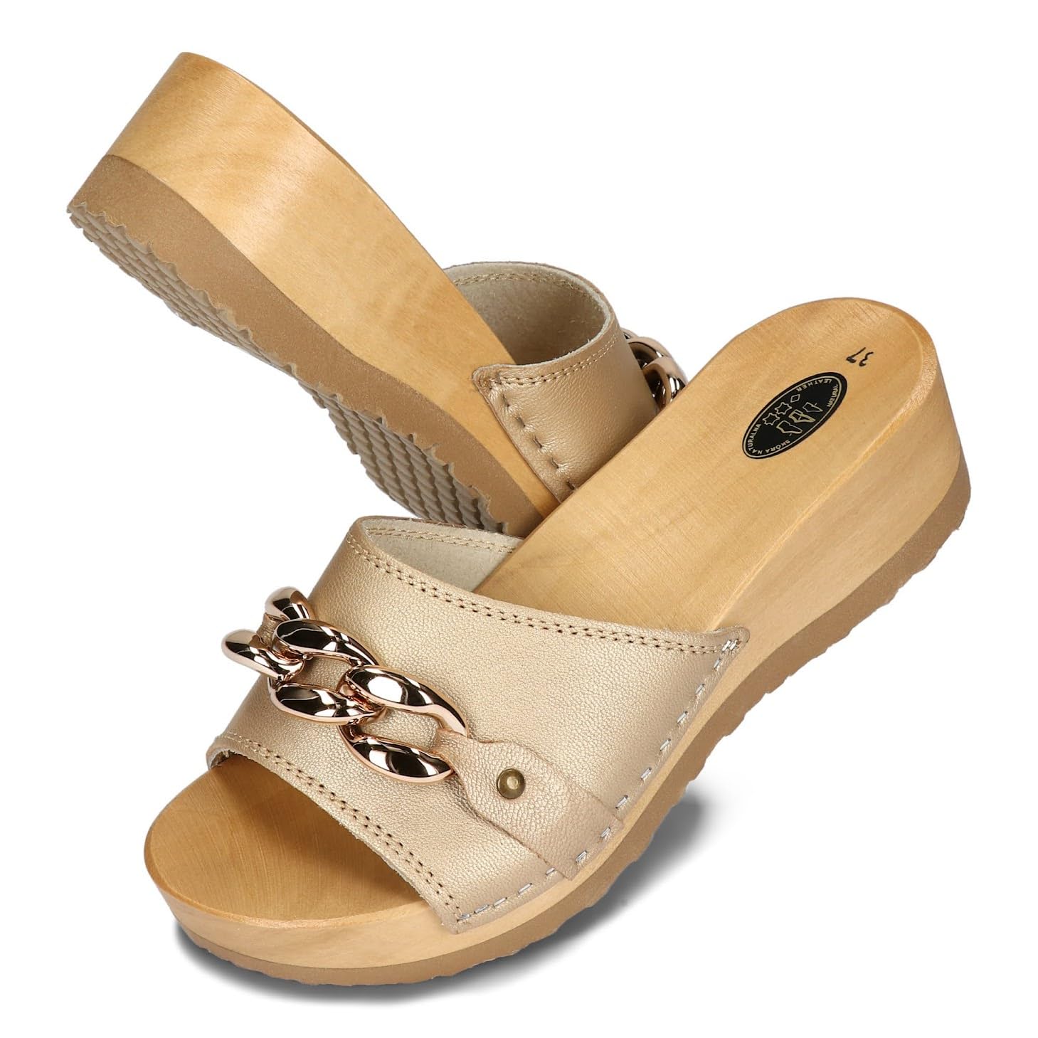 BeComfy Sabots en Bois pour Femme avec chaîne Chaussures Ouvertes en Cuir, Sabots de Jardin, Chaussons, Mules Tailles 36-41 EU