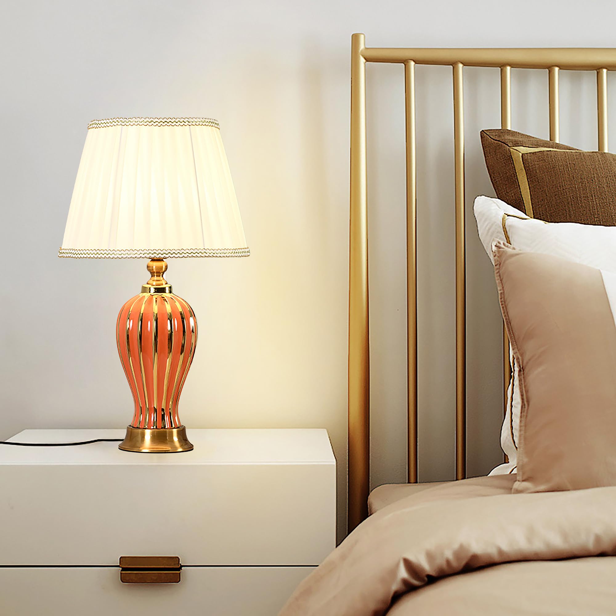 XINYASEE Lampe de table en céramique simple, lampe de chevet rétro avec abat-jour en tissu,Lampe de bureau, llampe à poser pour la chambre à coucher et le salon E27 Tête (Rouge)