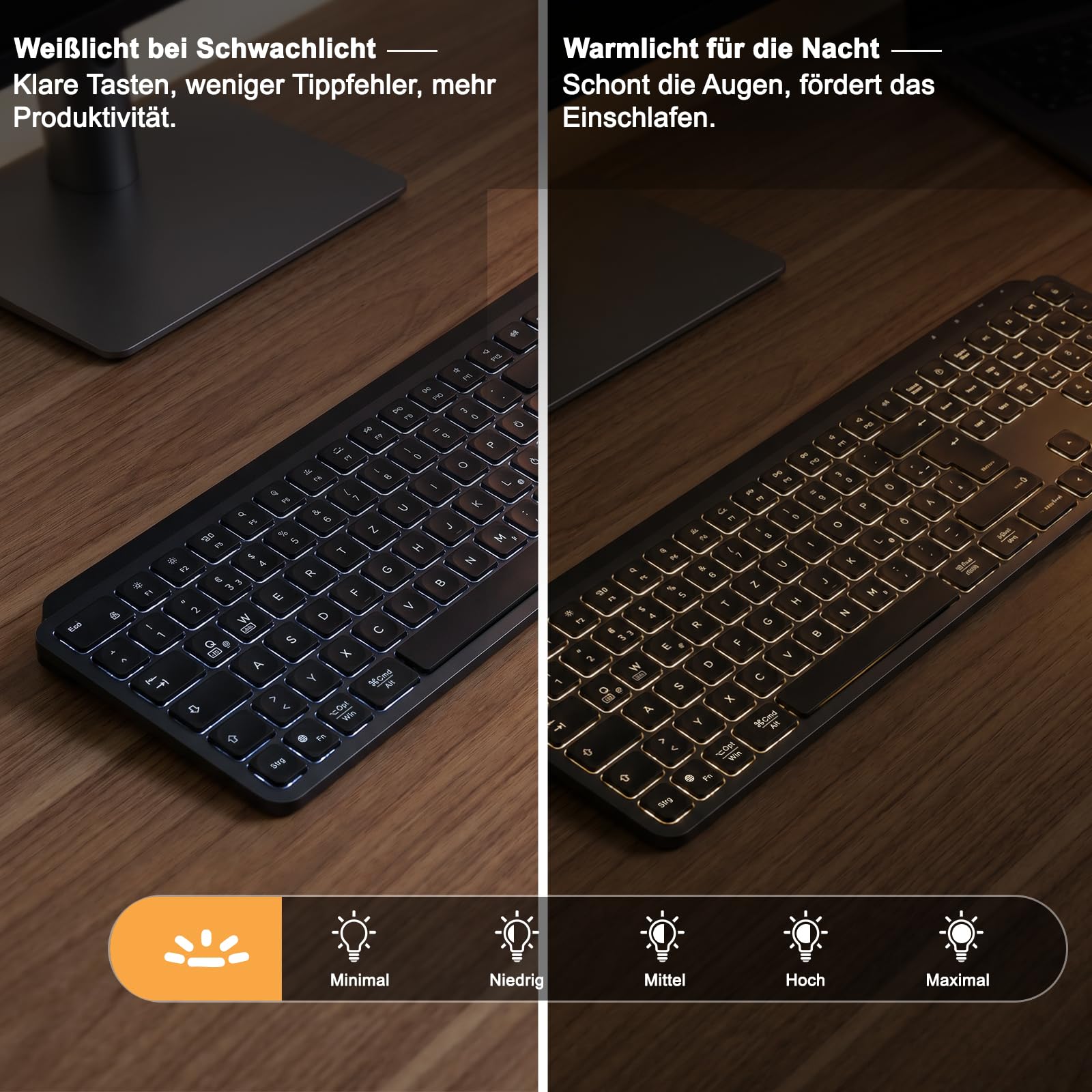 Tastiera wireless Bluetooth con illuminazione bicolore, tastiera multi-device per 4 dispositivi, meccanismo a forbice, USB-C, tastiera da ufficio silenziosa per Windows, Mac, PC, iPad e