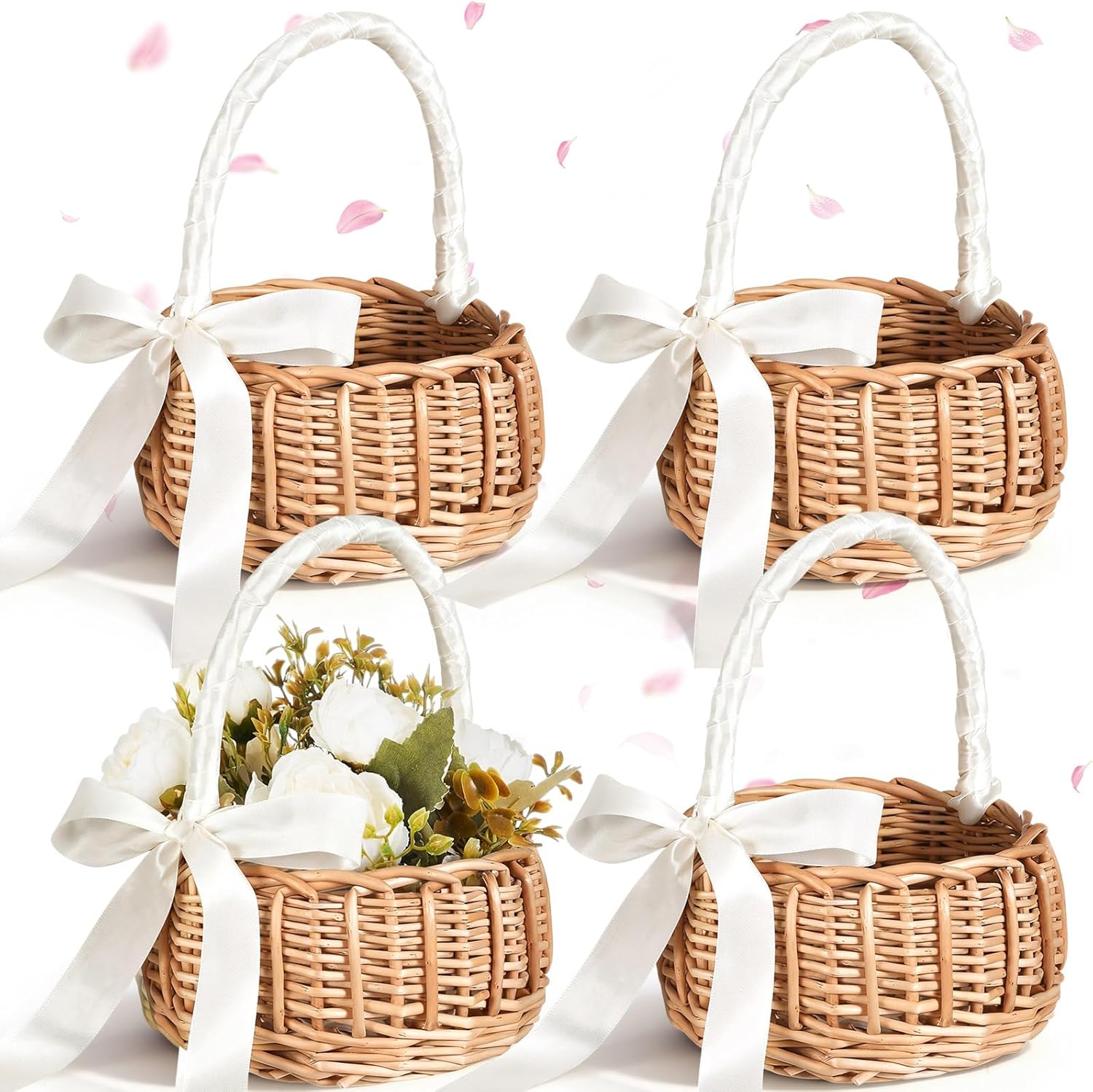 Thyle 4 Pcs Flower Girl Baskets with Handle, 7.87 x 4.33 Inch, Wicker Rattan, Lightweight, Brown (White Ribbon,Bow)