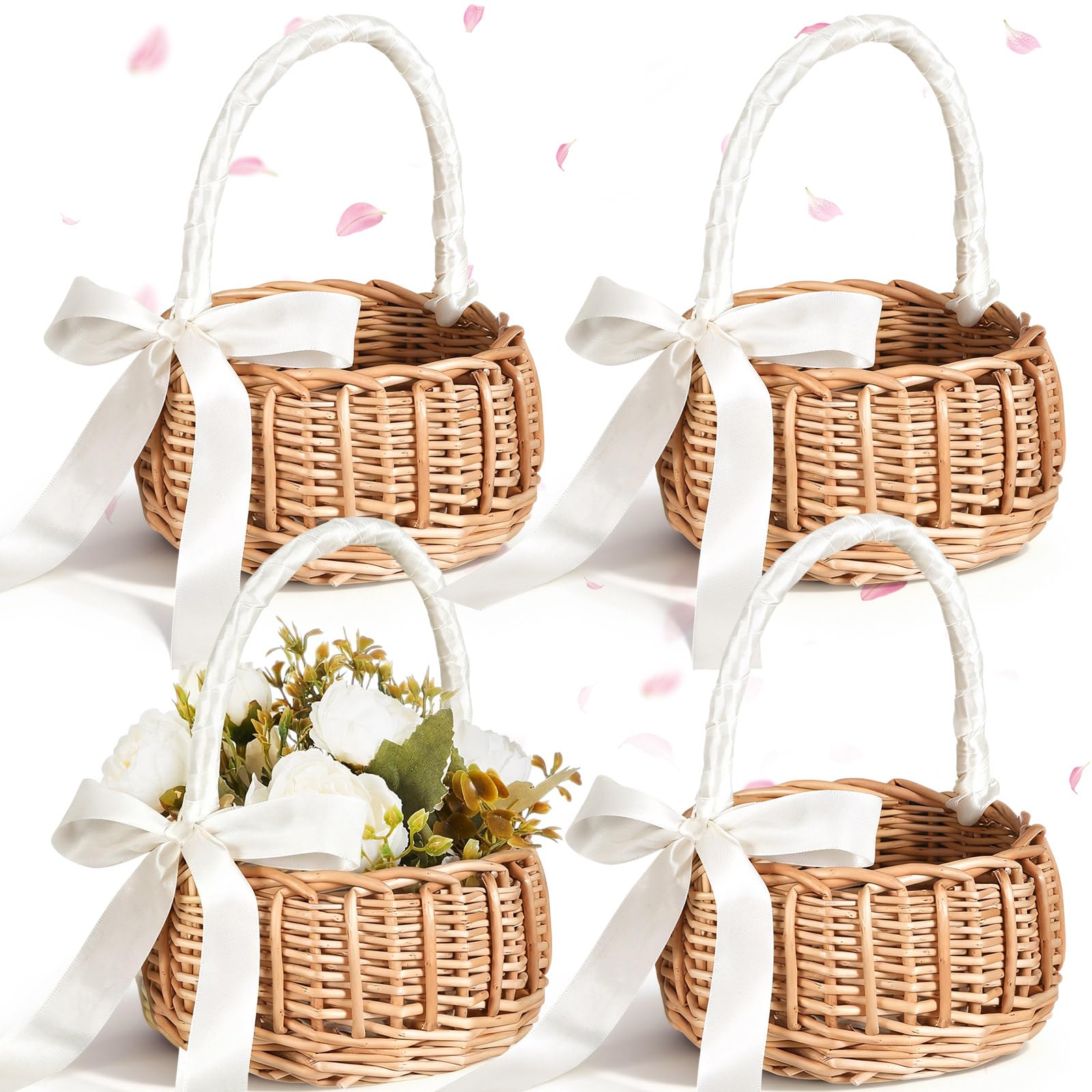 Thyle 4 Pcs Wicker Flower Girl Baskets Handled,White Ribbon,Bow