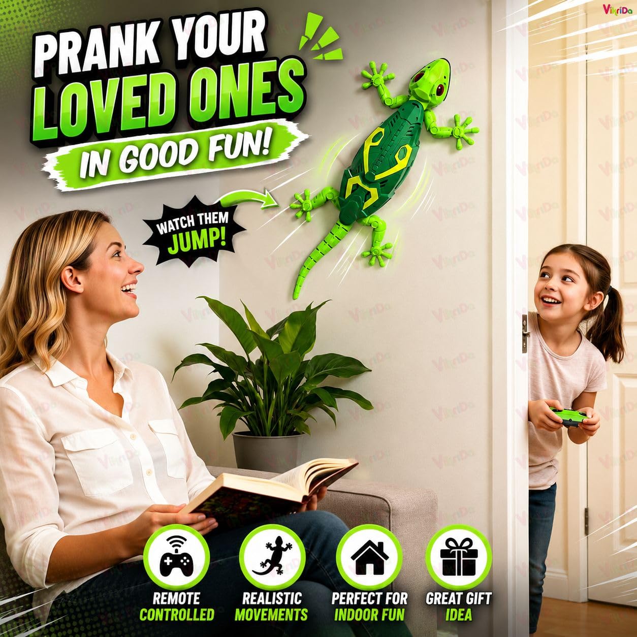 VikriDA Wall Climbing RC Toy with Remote Control, Rechargeable Creepy Crawler Climbs Walls & Ceilings, Glowing Eyes Prank Toy for Kids Boys Girls Birthday Gift (Green) 2