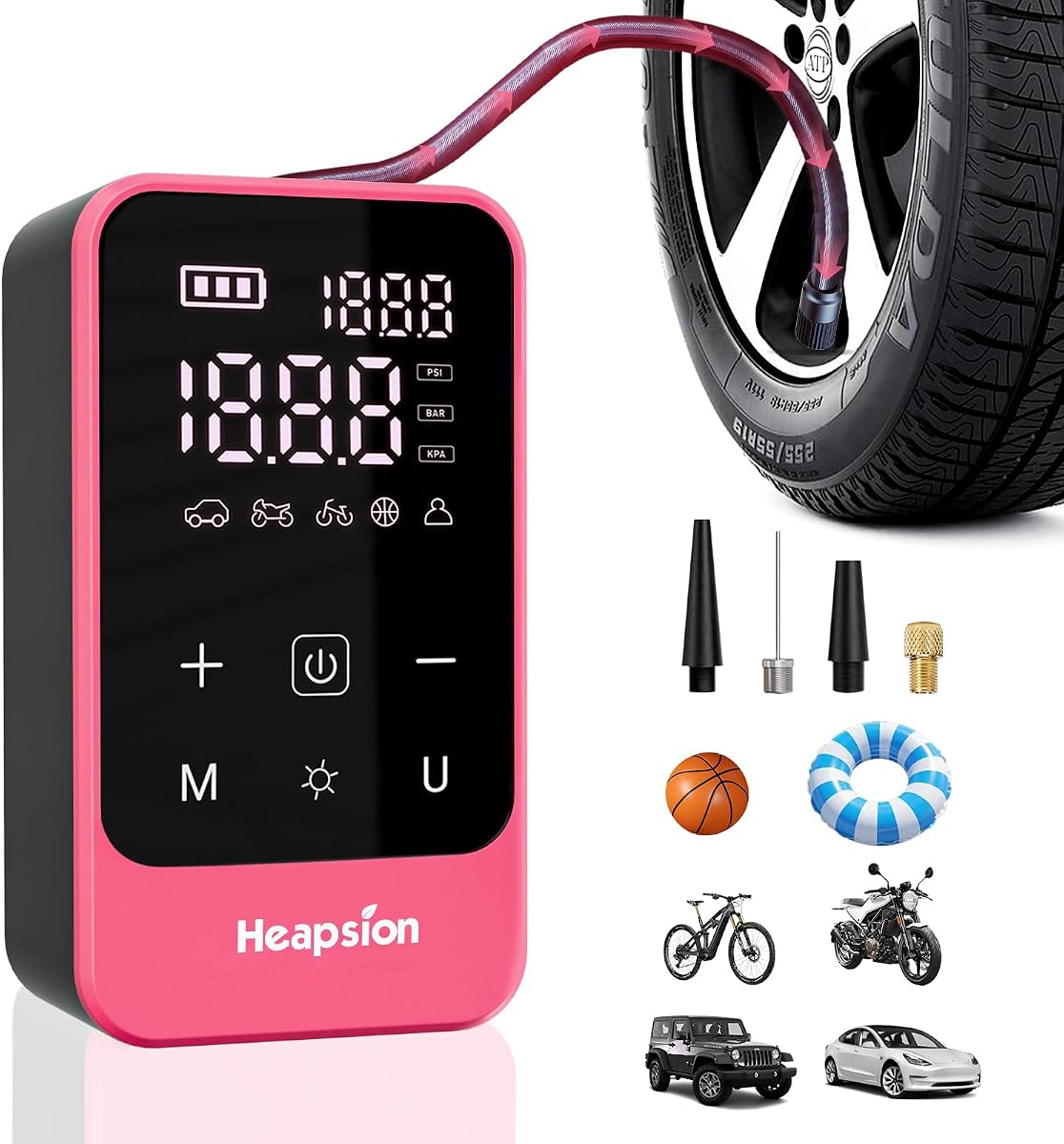 Heapsion Inflador de neumáticos Compresor de aire portátil, bomba de aire para neumáticos de coche con manómetro digital, apagado automático y luz LED, bomba inalámbrica de 150 PSI para coche, motocicleta, bicicleta, pelota, rosa