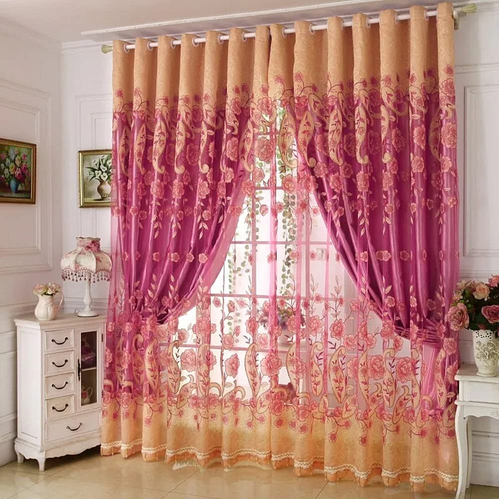 Amidoudou 1 Pair European Double Layer Curtains for Living Room Flower and Leaf Curtains for Bedroom (Rose Red,54x84 Inch)