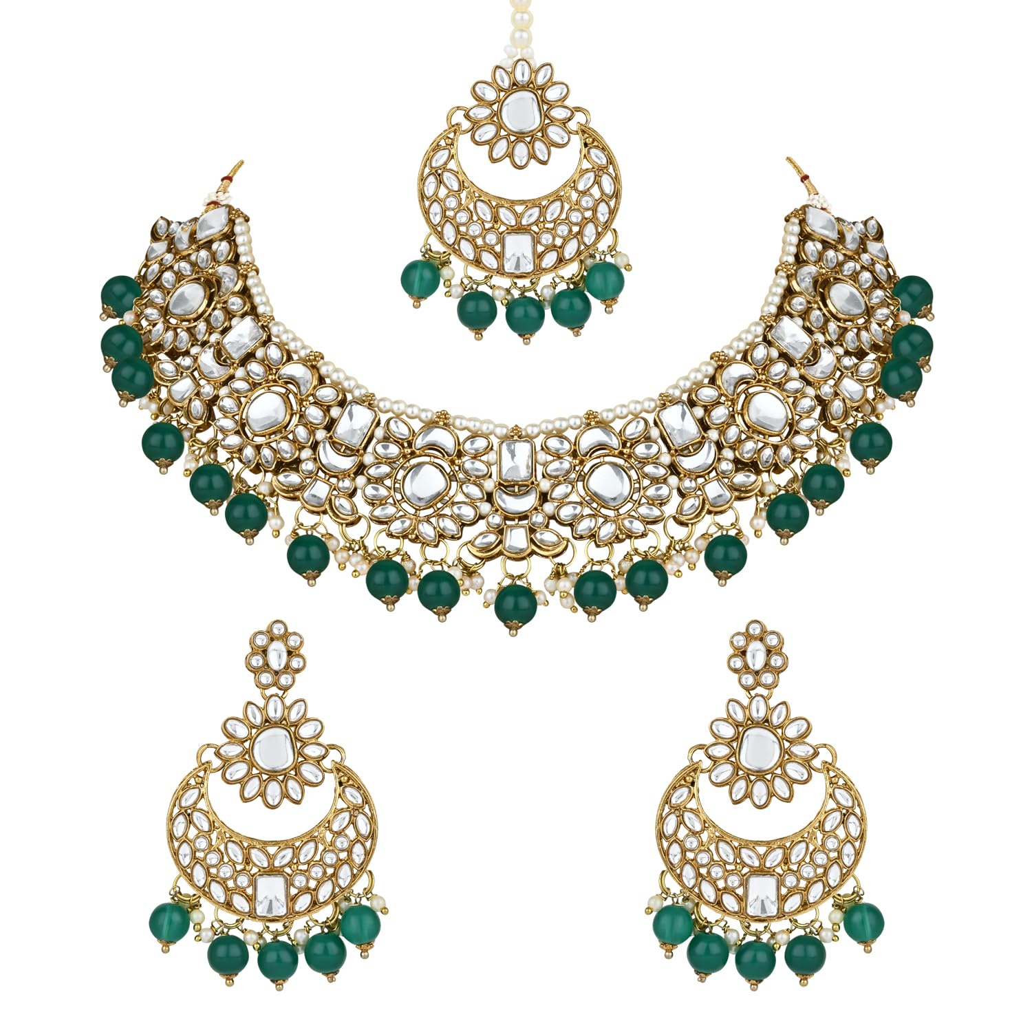 I Jewels Gold Plated Traditional Floral Kundan Pearl Choker Necklace Jewelry Earrings & Maang tikka Set For Women/Girls (GREEN) (B0CS9KM9X5) Amazon Price History, Amazon Price Tracker