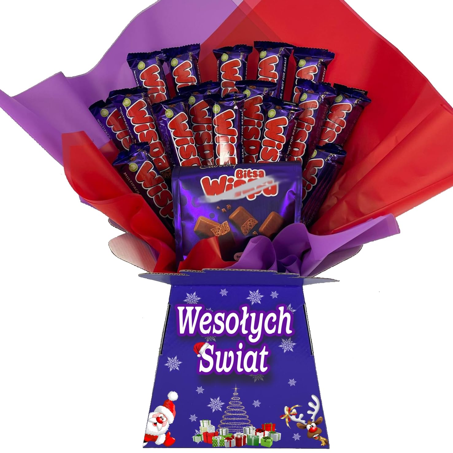 Bukiet/Kosz czekoladowy na Boże Narodzenie – spersonalizowany prezent z życzeniami świątecznymi dla niego lub dla niej (kompatybilny z CADBURY WISPA)
