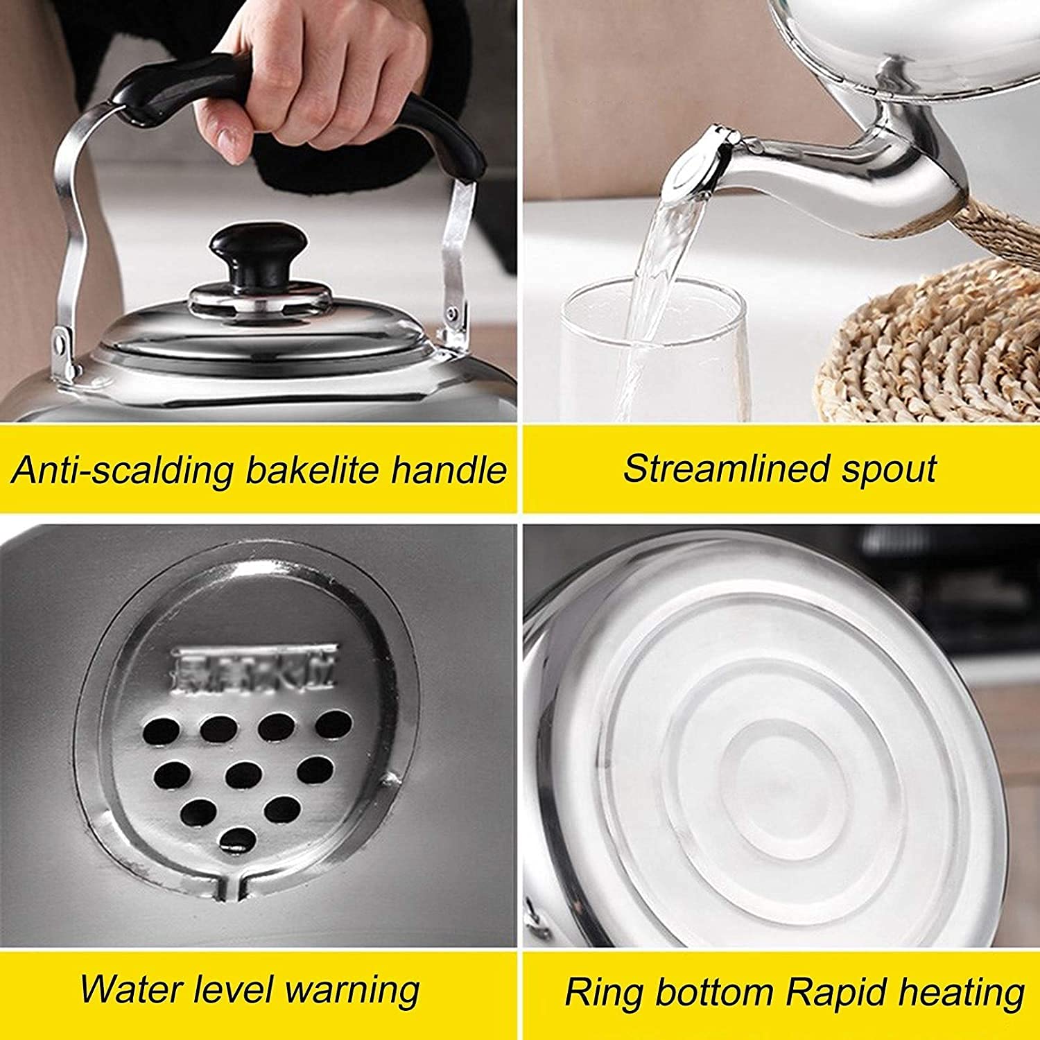 Roestvrij staal Verdikte Fluitende Theeketel, 4L 5L 6L Kookplaat Theepot, Snel Kokende Warmte Water Thee Pot, Platte Bodem Fluitende Waterkoker Inductiekookplaat Gasfornuis Algemeen Doel Ketle-4L
