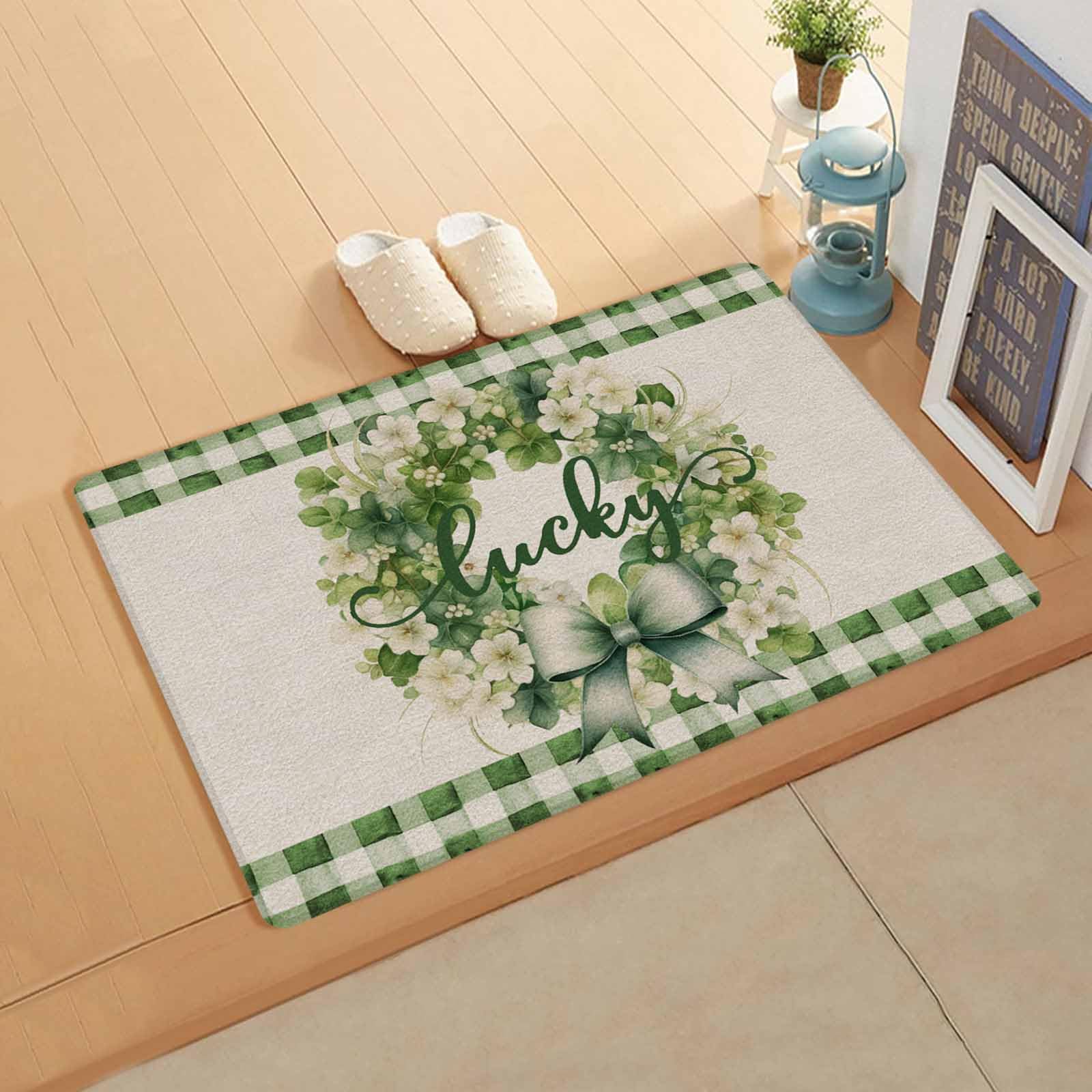 St. Patrick's Day Kitchen Bath Door Mat Cushioned Runner Rug,Washable Welcome Floor Sink Antifatigue Mat,Waterproof & Non-Slip Comfort Standing Doormat,Watercolor Leaves Floral Plaid Wreath 24