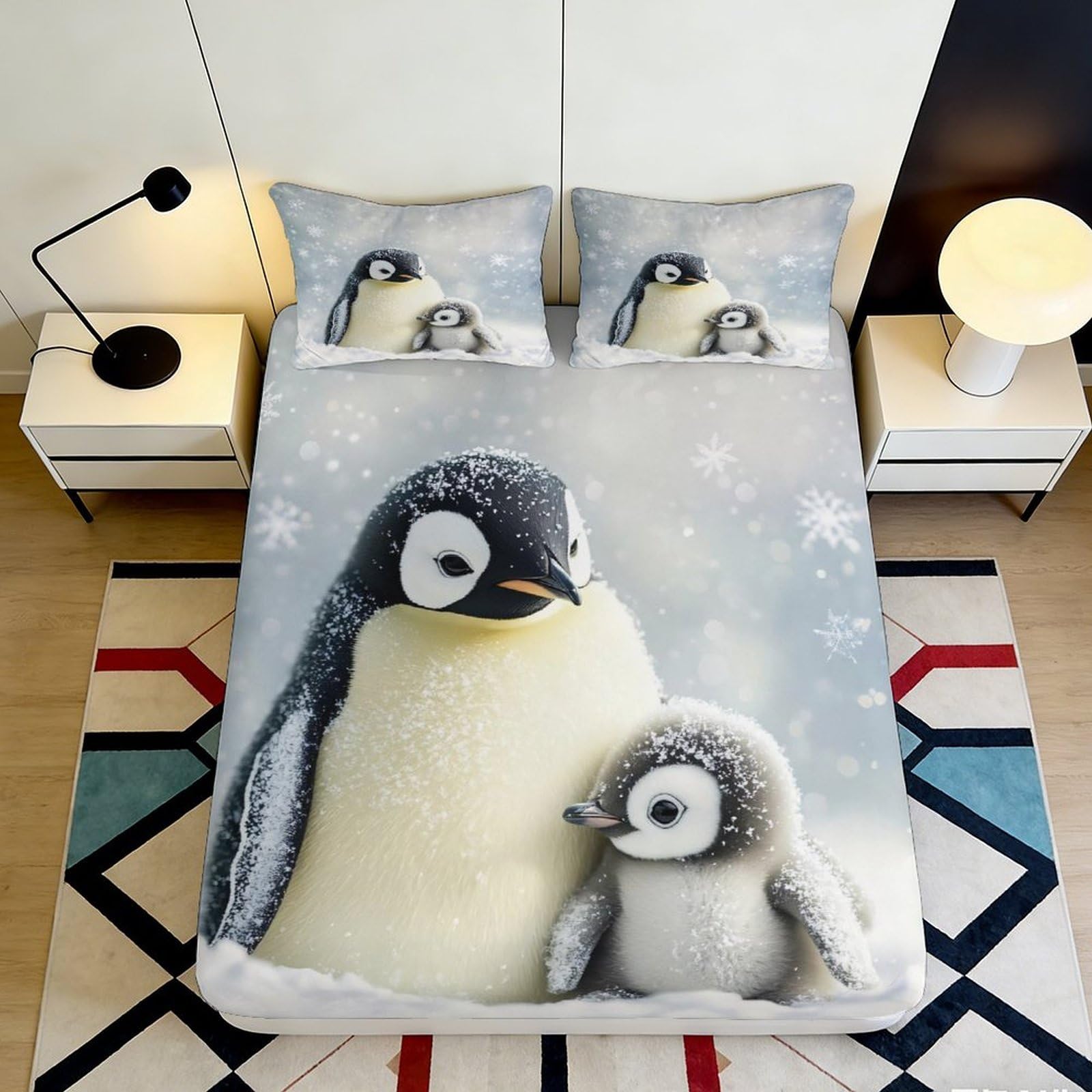 3D Printed Penguin Pattern Fitted Sheet Microfiber Soft Breathable Snowflake Bed Cover for Bedroom Dormitory Guest Room Mattress Protection Decor 120x200x25cm