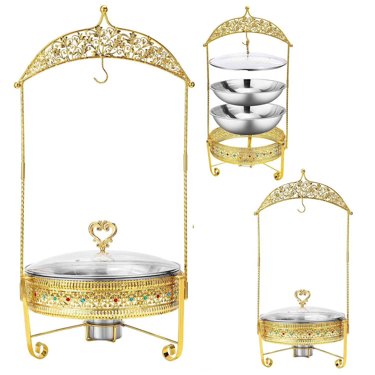 JOSBY Juego de Calentador de Comida Buffet de 8 litros, sartén de Acero Inoxidable con Tapa Colgante, Juego de Buffet de Lujo con Estufa de Combustible, Utensilios de Buffet y Equipo Calentador