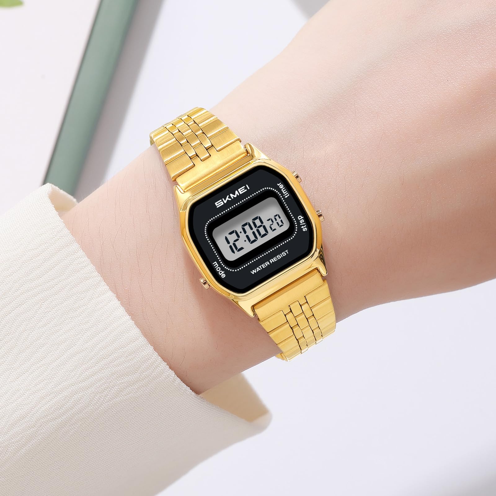 Gosasa Orologio digitale retrò da donna, cinturino quadrato in acciaio