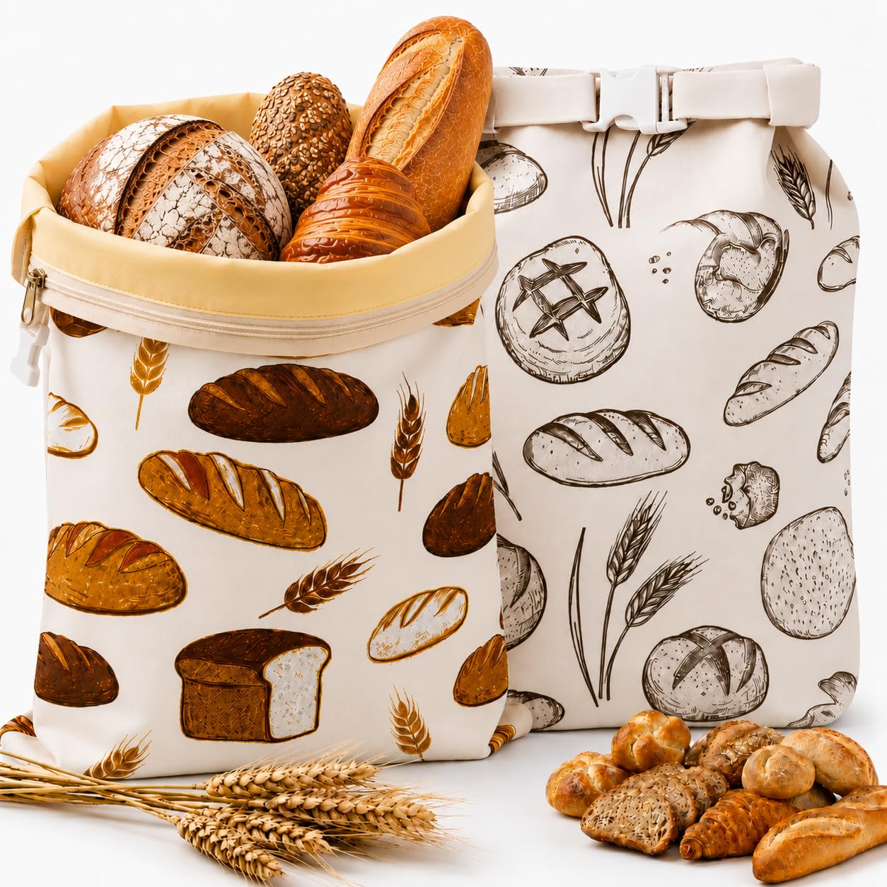 Beeswax Bread Bag (2 Pcs), 43x33cm Reusable Natural Beeswax-Lined Cotton with Zipper Closure, Sourdough & Homemade Bread Storage Bag (Honey Heaven)