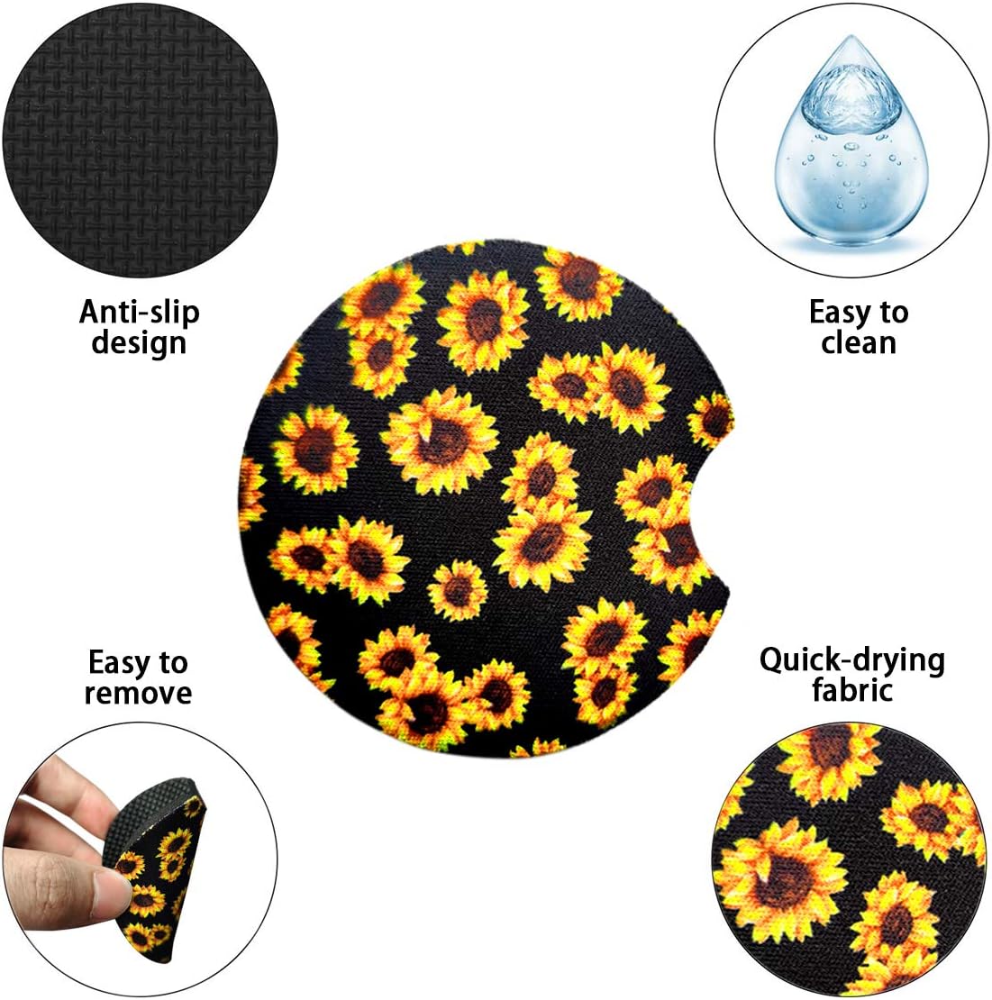Osilly Car Coasters for Drinks, 2PCS Absorbent Sunflower Cup Holders for Women/Men, 2.75 Inch Removable Cup Holder Insert Coaster for Drinks, Car Interior Accessories for Most Cars