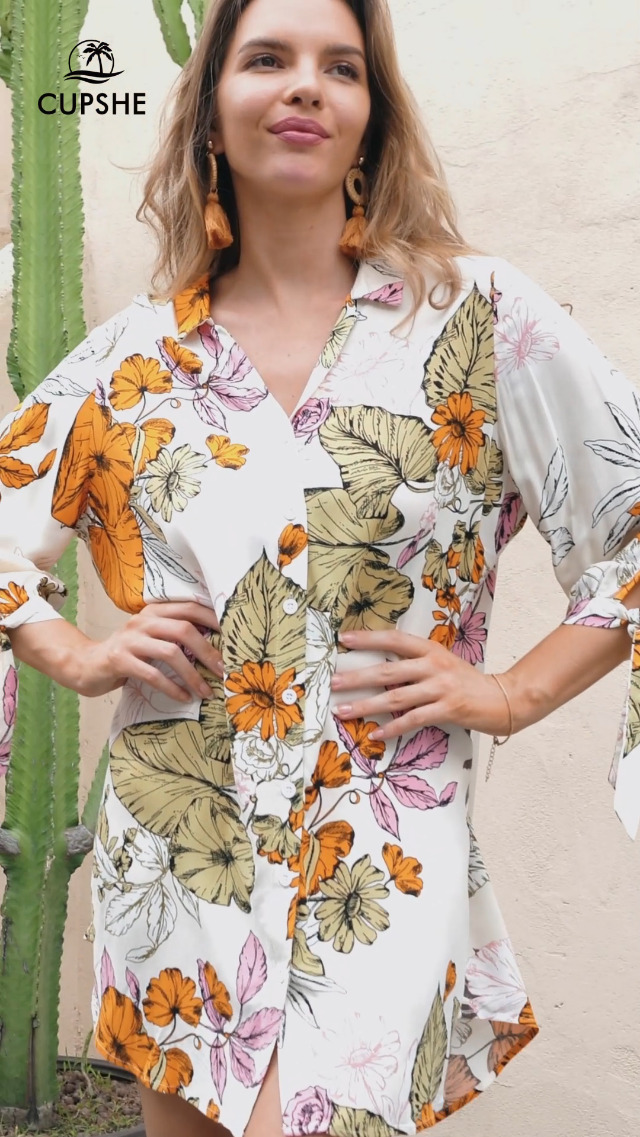 CUPSHE Women Mini Summer Dresses Cover Up Floral Top Shirt 3/4 Sleeve Cuff  Tie Button Down Casual Sundress Beach Dress Cover Ups, Blue Floral XS at  Amazon Women's Clothing store