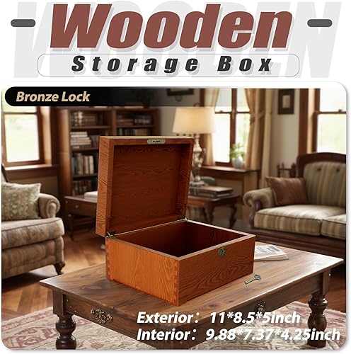 Miniatura 7 de Caja de recuerdos de madera con cerradura con tapa con bisagras, caja de recuerdo decorativa de madera de fresno (11 x 5 x 8.46 pulgadas), juntas de