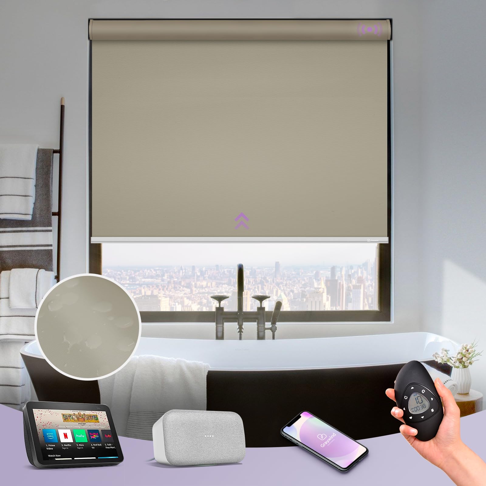 Graywind Motorized Roller Shade Blinds 100% Blackout Shades Cordless Waterproof Remote Control Window Automated Blinds with Valance Custom Size for