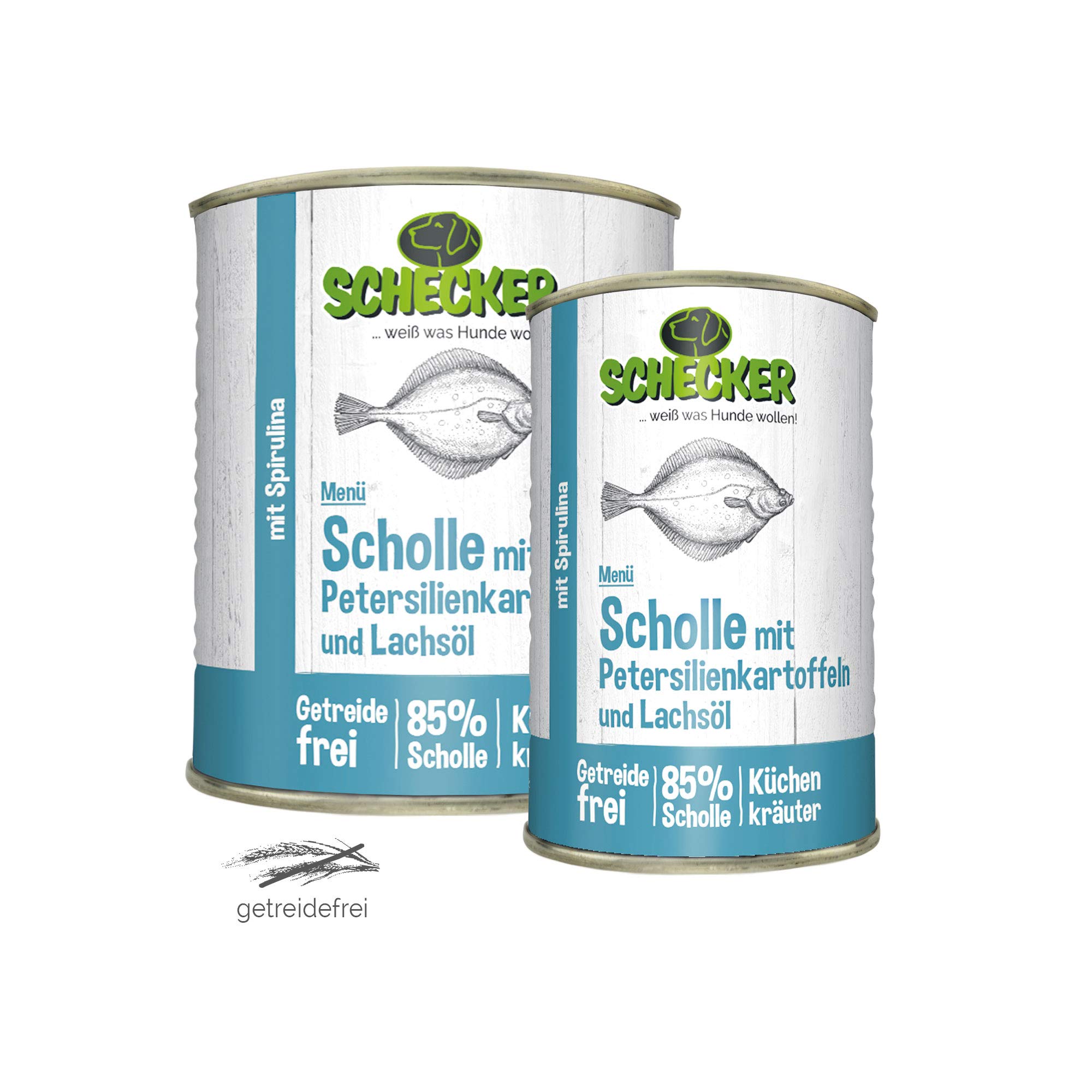 Schecker Nassfutter für Hunde - Hundemenü Scholle mit Lachsöl - 12 x 820 g - 85% Scholle - getreidefrei - Spirulina