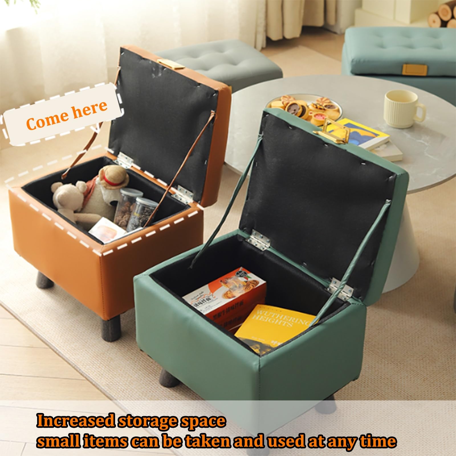 Otomana Cuadrada de Cuero con almacenaje, reposapiés tapizado para Entrada con Tiradores de herrajes, Patas Gruesas de Madera, Banco Acolchado para Zapatos con Tapa elevable(Green)