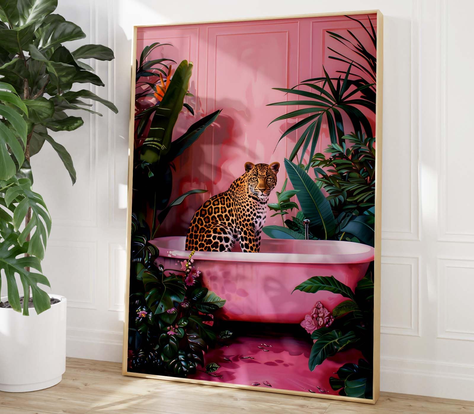 Pink Leopard Canvas Wall Art Leopard Bathtub Wall Art Tropical Botanical Prints Bathroom Jungle Animal Art Funny Pink Posters Bathroom Preppy Paintings for Restroom Toilet Decor 16x24inch No Frame