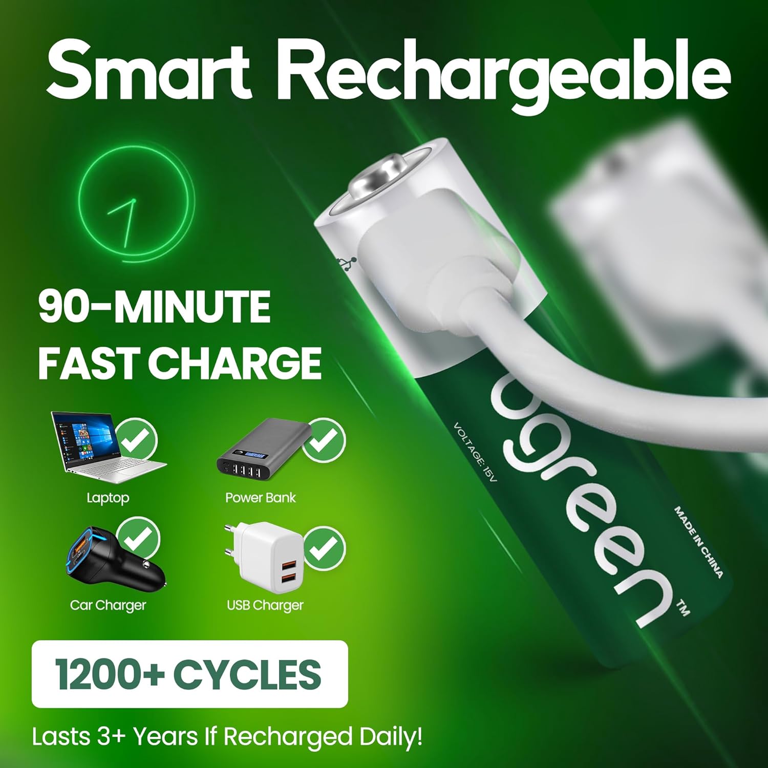 8 Pack USB C rechargeable AA Batteries - Rechargeable Lithium AA Batteries with 4-in-1 Charging Cable, 1.5V Output & 3400mWh High Capacity, LED Indicator, 90 Min Fast Charge with Upto 1200 Cycles