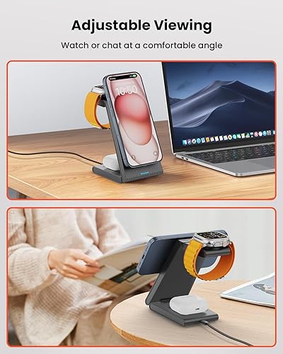 Miniatura 4 de GEEKERA Estación de carga inalámbrica 3 en 1 para Magsafe, soporte de cargador inalámbrico magnético plegable para múltiples dispositivos, cargador