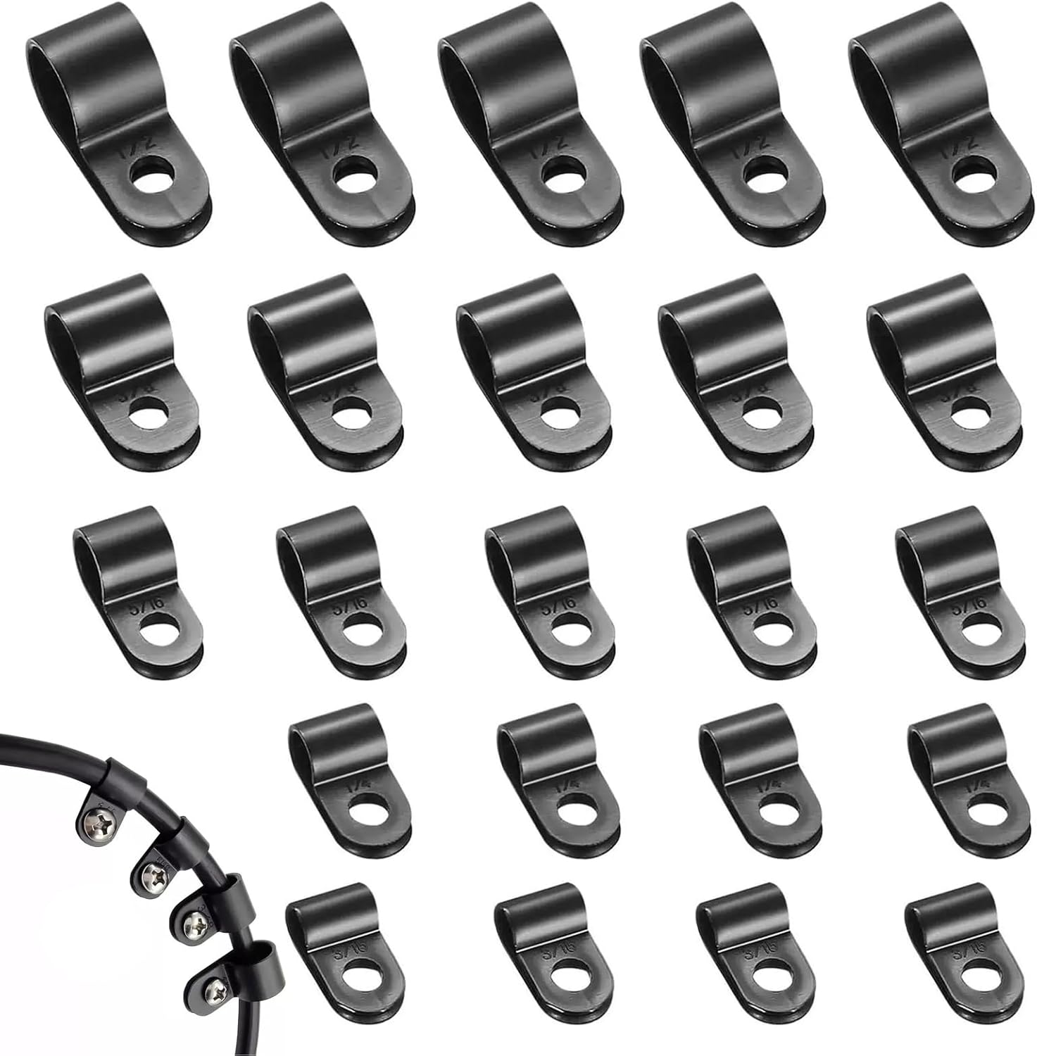 R Type Cable Clip, Pack of 300 Cable Clips, Nylon R Clips, Cable Clamps Black, 5 Sizes Wire Clamps for Office, Home, Cable Wire Management