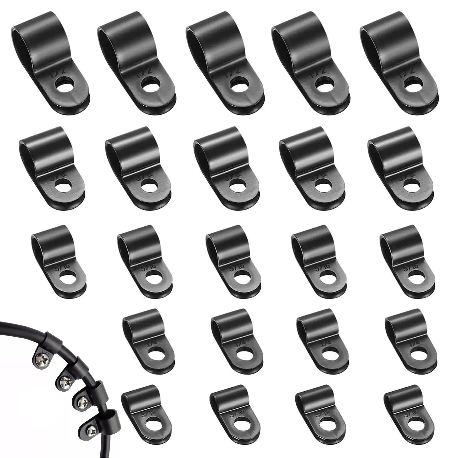 Black Cable Clips, 300Pcs Cable Tidy Clips Cable, Electric Cables Clips, 5 Sizes R Clips for Cable Electrical and Pipe Fixing