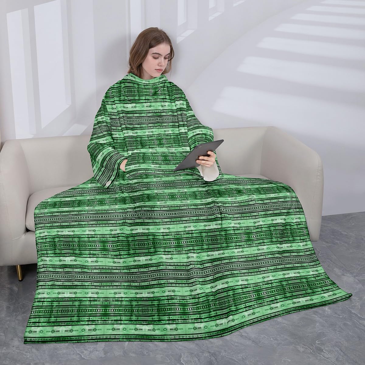 Homemissing Manta de forro polar del suroeste con bolsillo de mangas de 50 x 50 pulgadas, manta geométrica de forro polar con mangas para manta tribal, diseño nativo americano, manta de felpa verde y