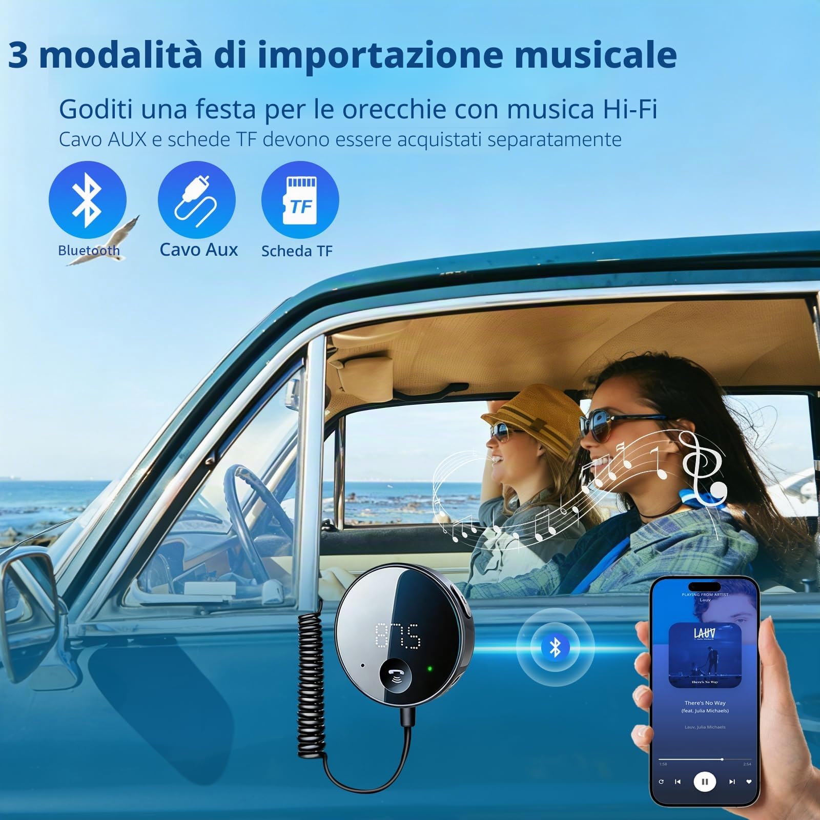 eppfun Trasmettitore FM & Ricevitore Bluetooth per auto con display a LED, supporto uscita AUX e riproduzione di musica con scheda microSD