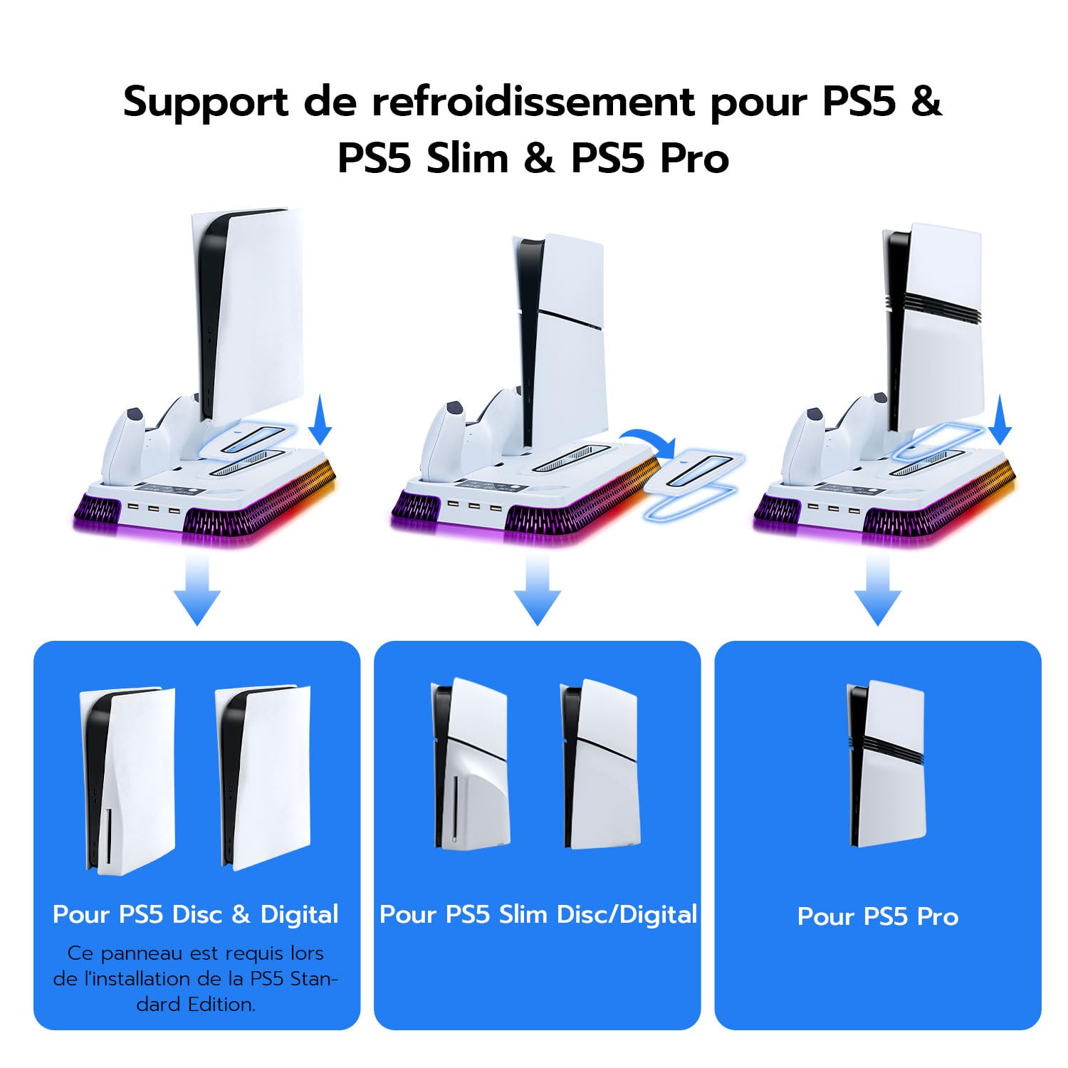 Wigearss PS5/PS5 Slim/PS5 Pro Ventilateur Station de Refroidissement, Support de Charge Vertical avec Chargeur Double pour Manettes, Lumière LED et 3 Hubs USB
