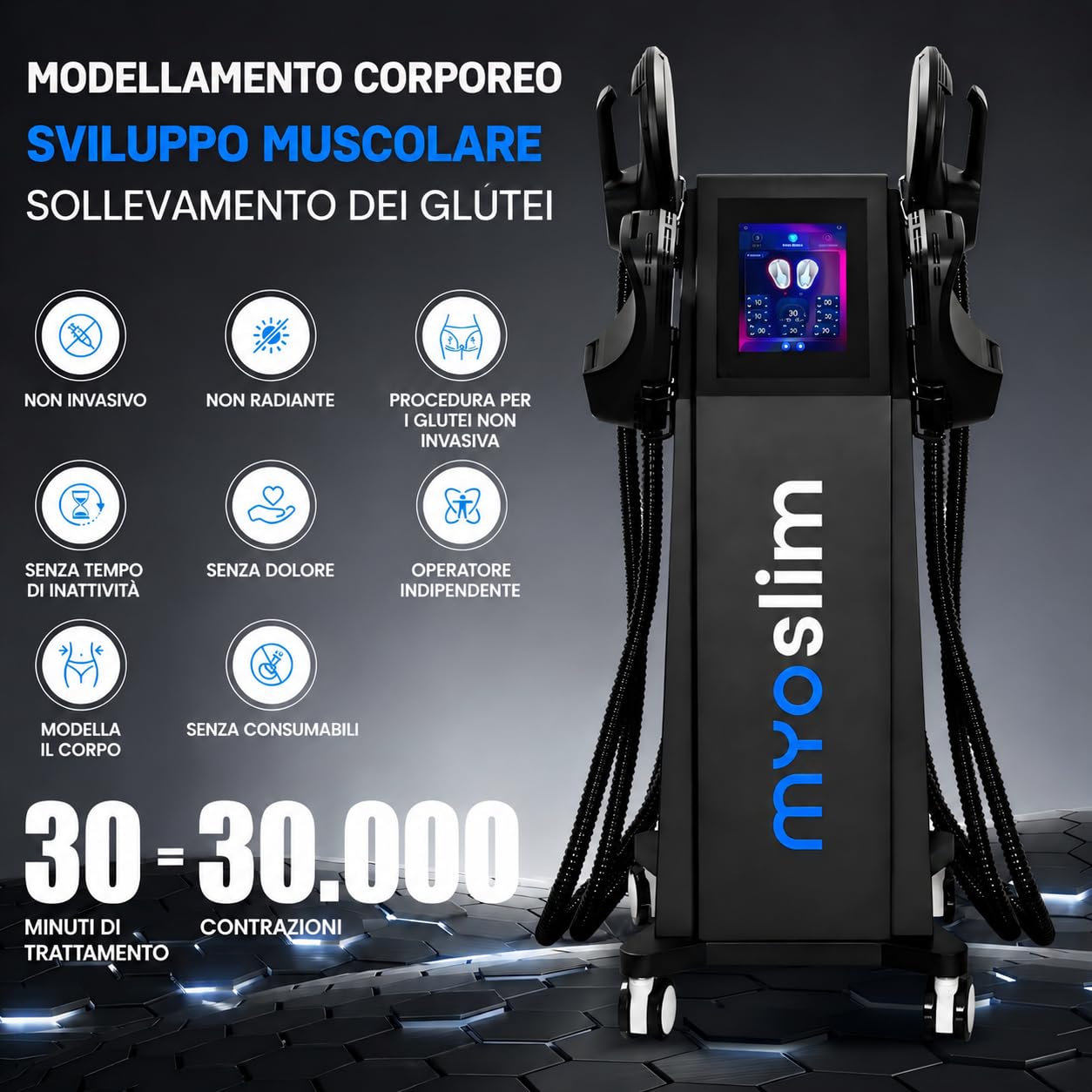 Macchina per Modellamento Corpo con Tecnologia EMT – Riduzione del Grassi, Costruzione Muscolare e Rassodamento della Pelle, Schermo Tattile Multilingue, 4 Testine Interchangeabili (Nero)
