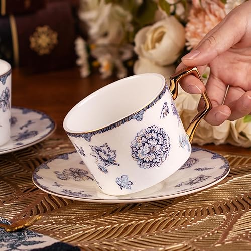 Miniatura 6 de KAMMAK Juego de 2 tazas de té y platillos, tazas de café de porcelana fina, tazas de café apilables de 8.5 onzas, Demitasse de cerámica para café,