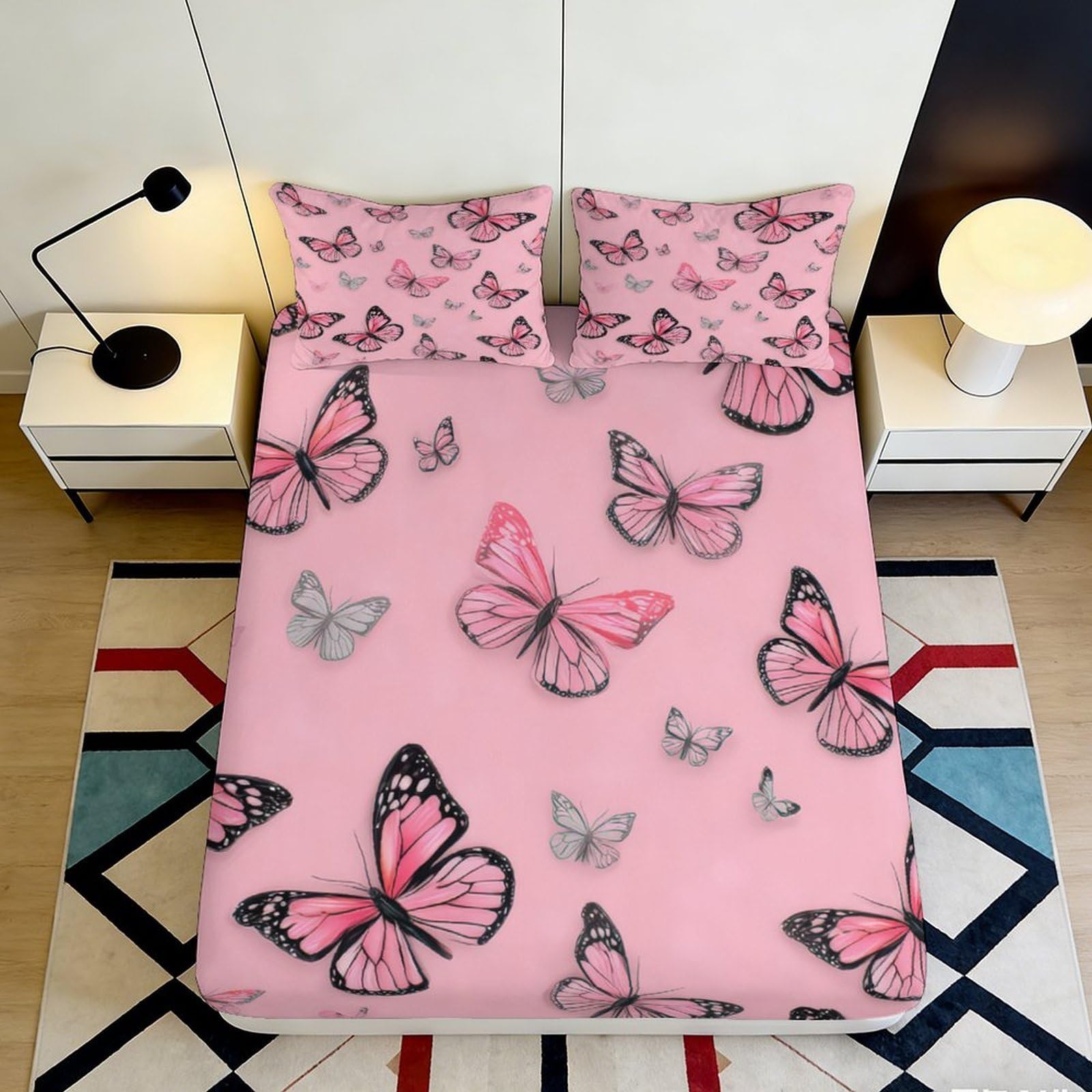 3D Printed Pink Butterfly Fitted Sheet Microfiber Soft Breathable 3D Printed Butterfly Mattress Cover for Bedroom Dormitory Guest Room Mattress Protection 200x200x25cm