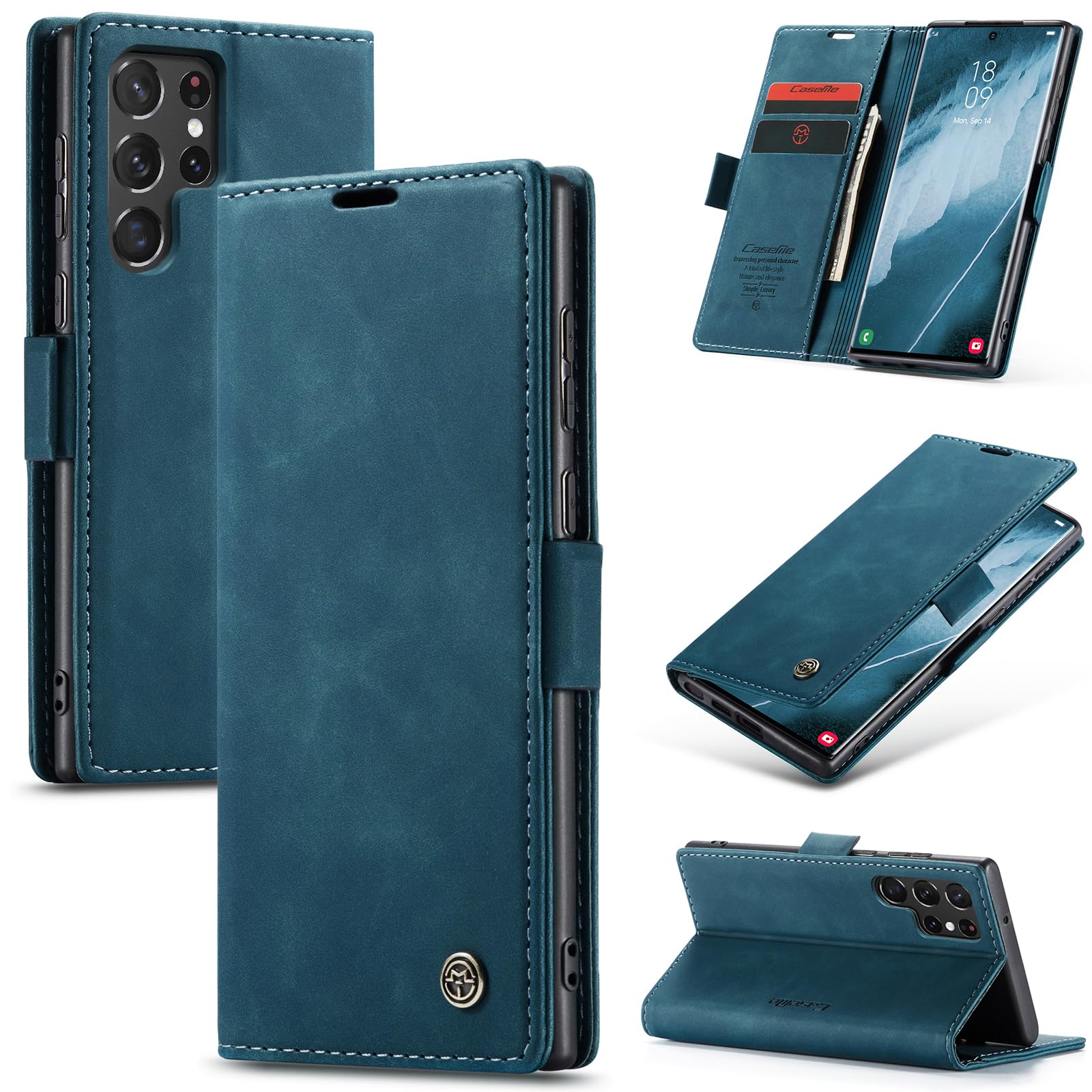 Azororo Cover per Samsung Galaxy S22 Ultra 5G, Premium PU Pelle Custodia, Magnetica Carta Fessura Portafoglio Case, Flip Cavalletto Custodia per Samsung Galaxy S22 Ultra - Blu verde