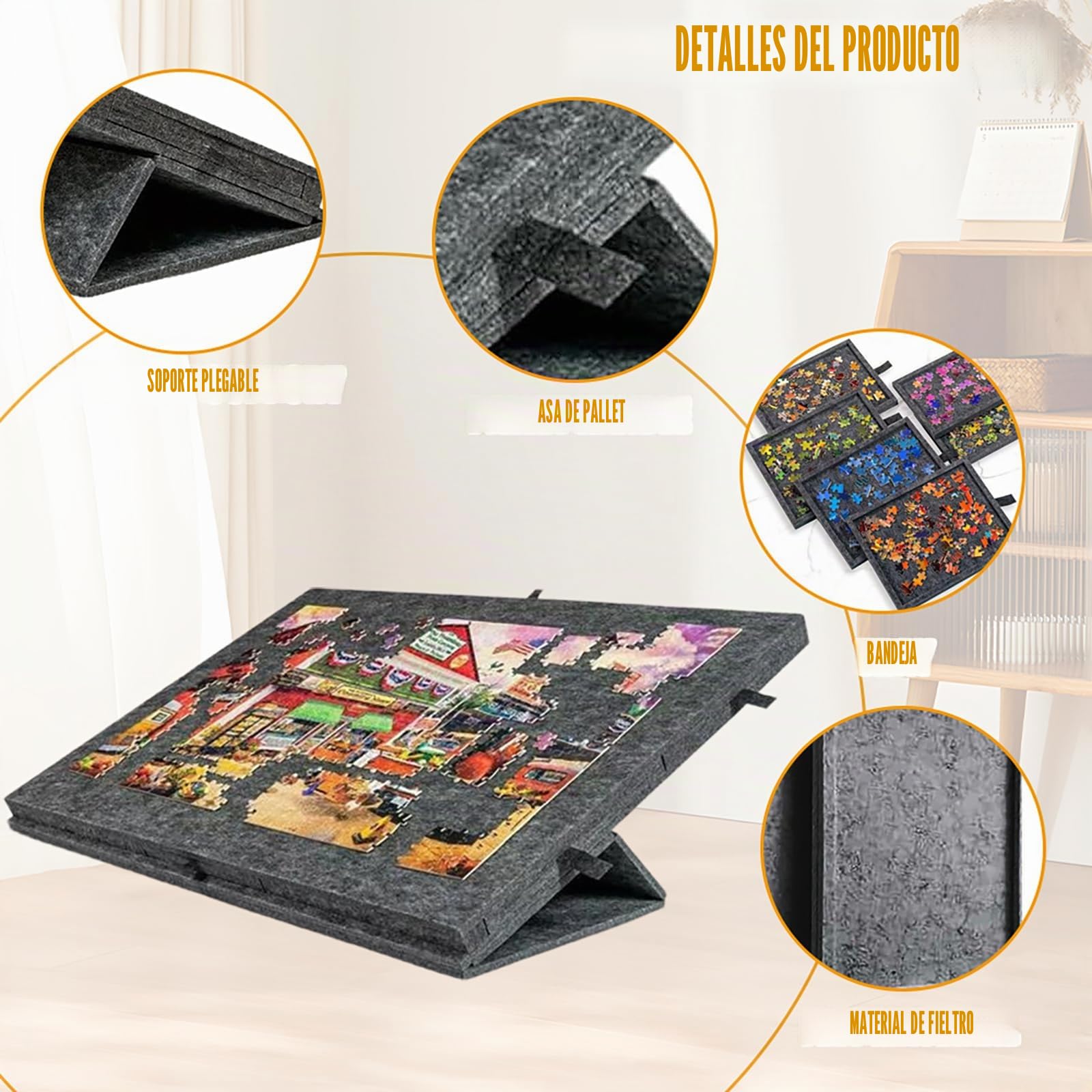 Tablero Puzzle para 1000 Piezas, Puzzles Board con 6 Cajones Clasificadoras, Tapete Puzzle de Fieltro Ligero con Soporte 2 en 1, Portátil Mesa Puzzles 52 x 77 cm, Negro