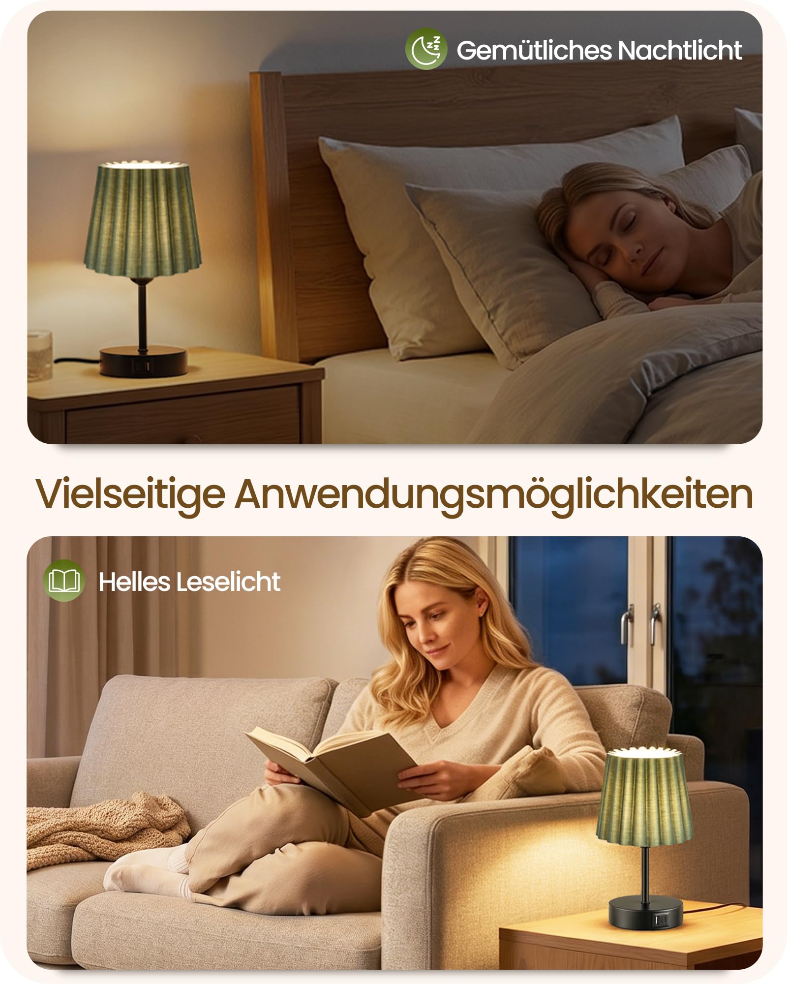 Nachttischlampen 2er Set Touch Dimmbar mit USB Ladefunktion