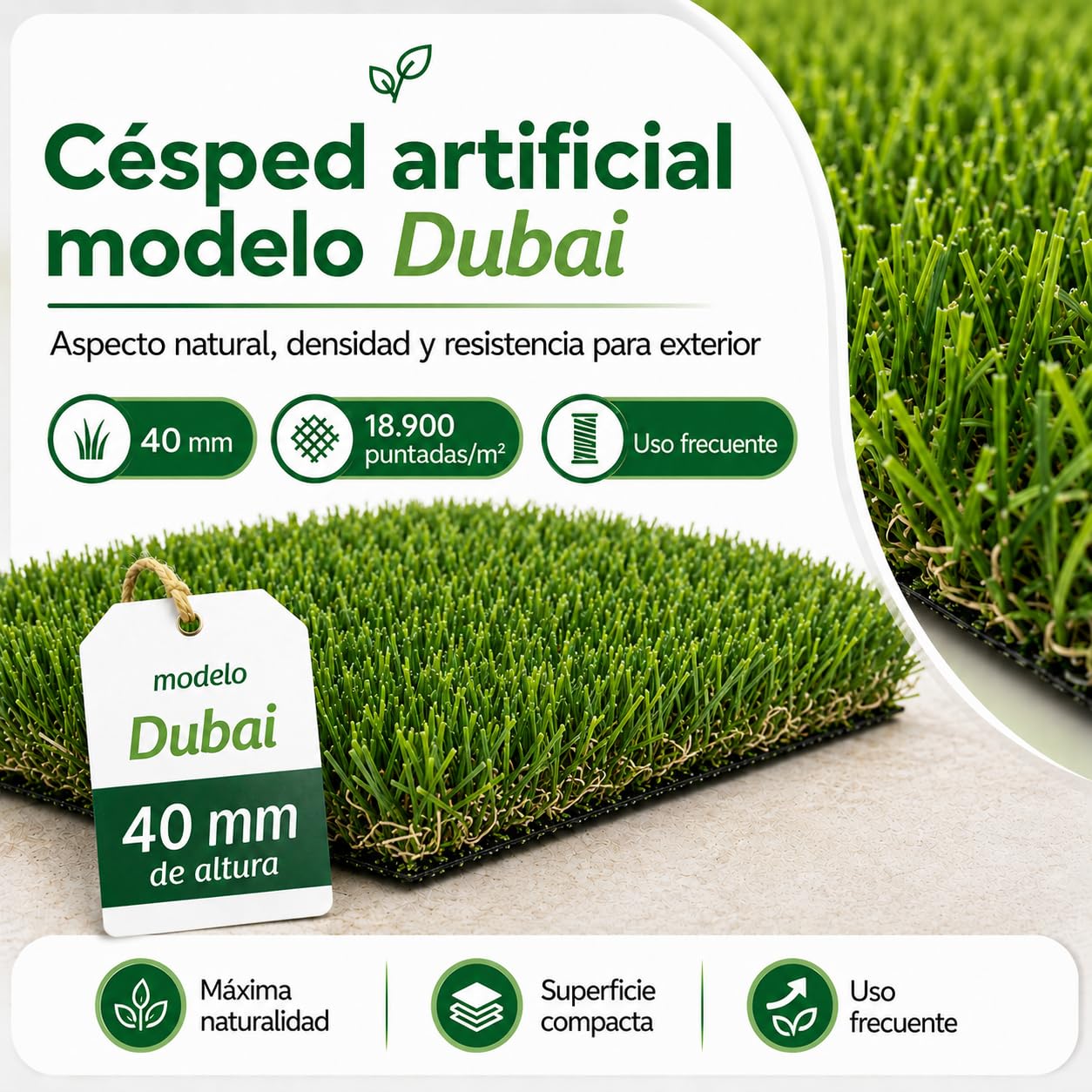Césped Artificial DUBAI 40 mm | Rollo 1x5 m |Natural y Realista | Resistente UV | Hilo en Forma de C | Reciclable y No Tóxico | Alta Densidad 18.900 Puntadas | Drenaje 800 l/h/m²